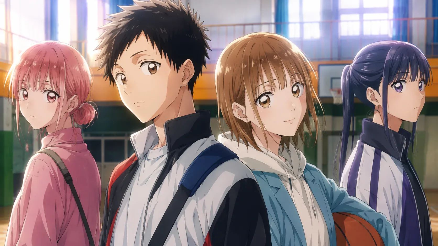 Taiki, Chinatsu, Hina e Yumeka reunidos em um ginásio escolar iluminado, em ilustração de anime com uma bola de basquete em destaque.
