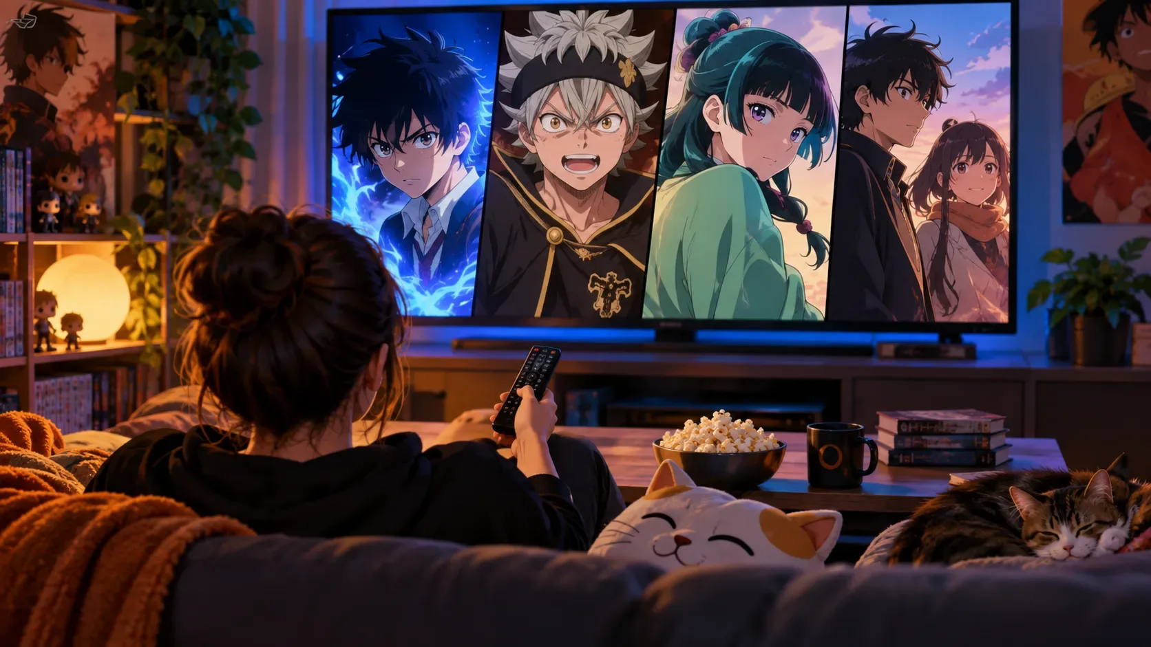 Pessoa vista de costas no sofá, com controle remoto, diante de uma TV exibindo vários personagens de anime em uma sala aconchegante iluminada.