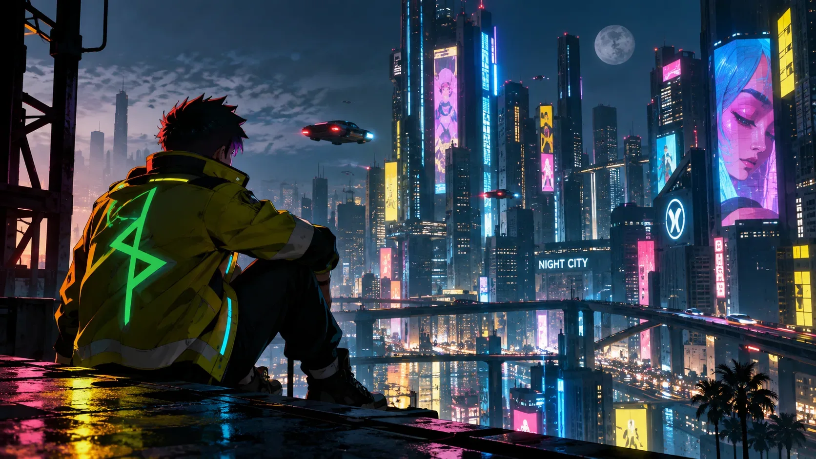 Figura solitária de jaqueta luminosa sentada diante de uma metrópole cyberpunk noturna, com arranha-céus de neon, anúncios holográficos e carros voadores.