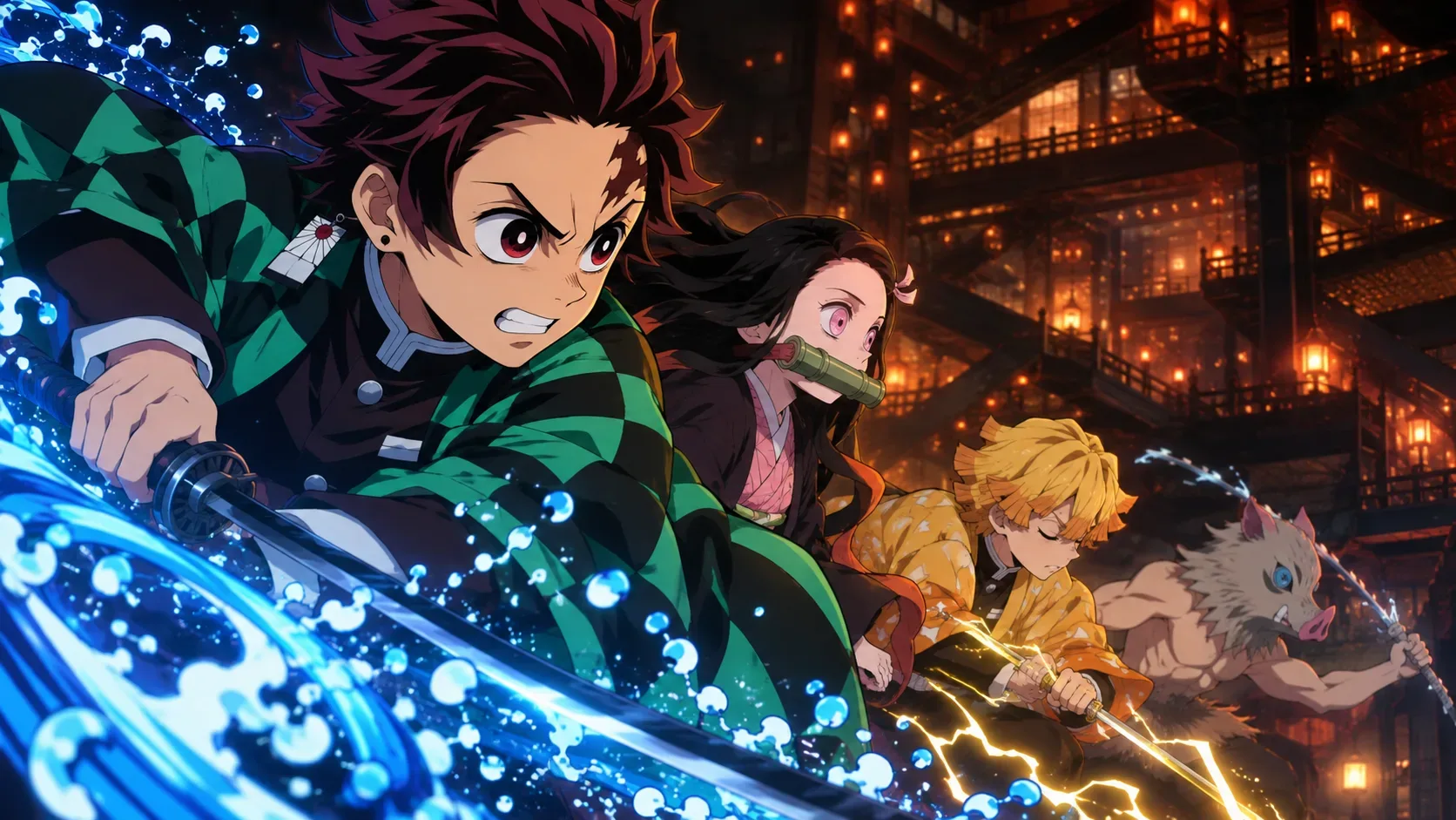 Tanjiro, Nezuko, Zenitsu e Inosuke avançam em combate dentro de um castelo labiríntico iluminado por lanternas, com efeitos de água e relâmpagos.