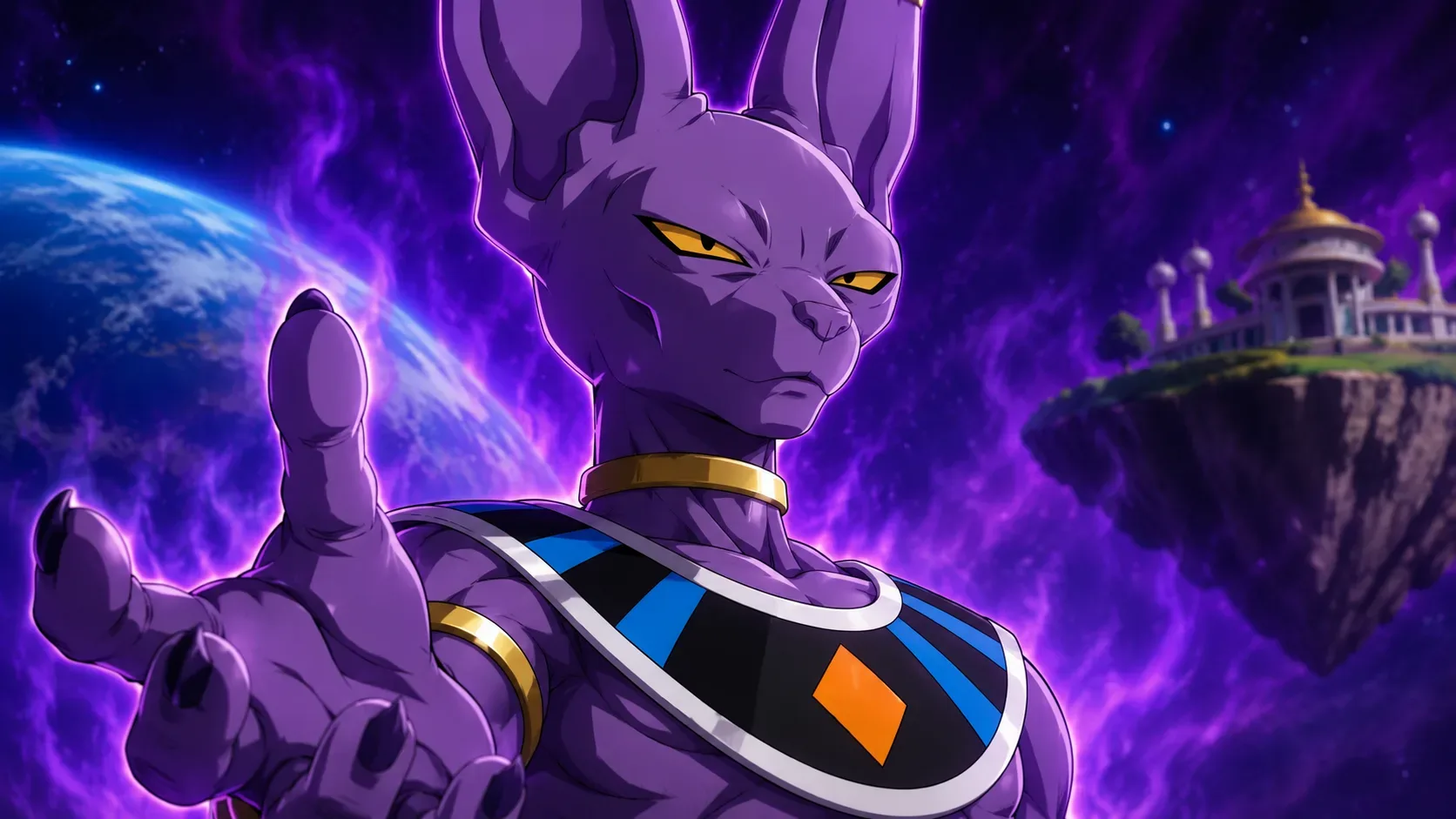 Beerus em primeiro plano com aura violeta, planeta azul ao fundo e um templo flutuante em cenário cósmico.