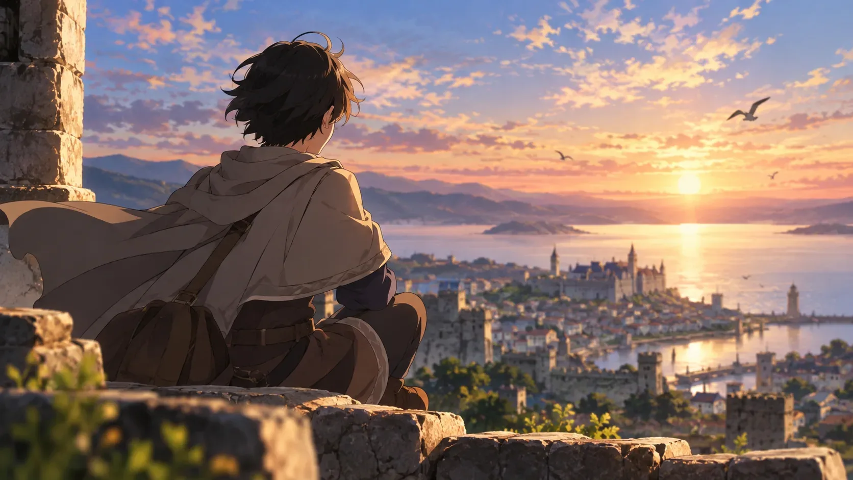 Viajante de capa sentado entre ruínas de pedra observa uma cidade costeira medieval ao pôr do sol, em ilustração de anime.