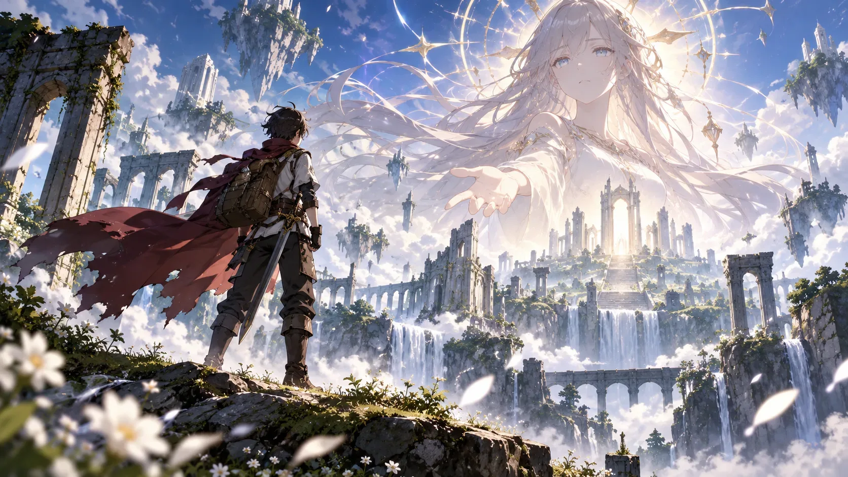 Aventureiro de capa diante de uma cidade celestial em ruínas enquanto uma figura divina luminosa surge no céu.