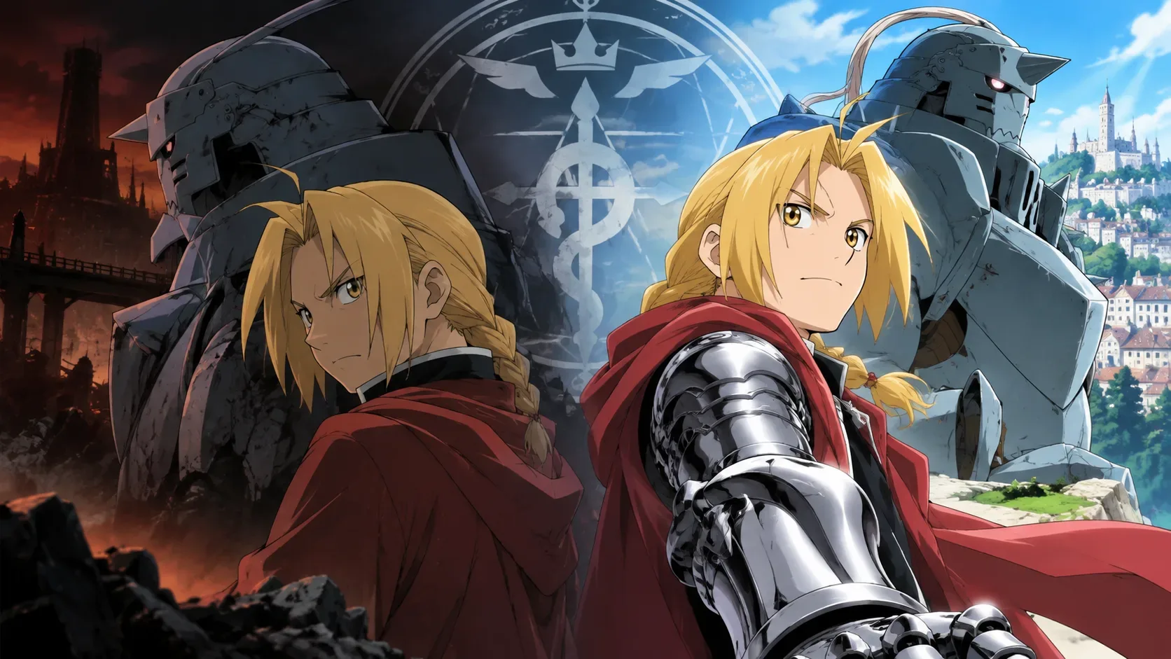 Composição dividida mostra duas versões de Edward Elric e Alphonse em armadura, com cenário sombrio de um lado, cidade iluminada do outro e um círculo de transmutação ao centro.
