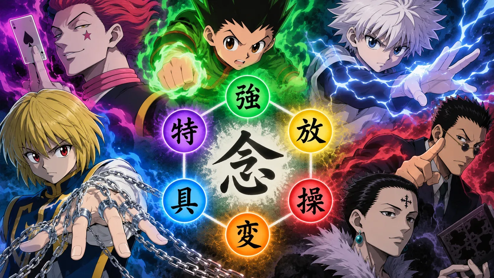 Composição em estilo anime com Gon, Killua, Kurapika, Hisoka e outros personagens ao redor de um diagrama luminoso de seis categorias de Nen.