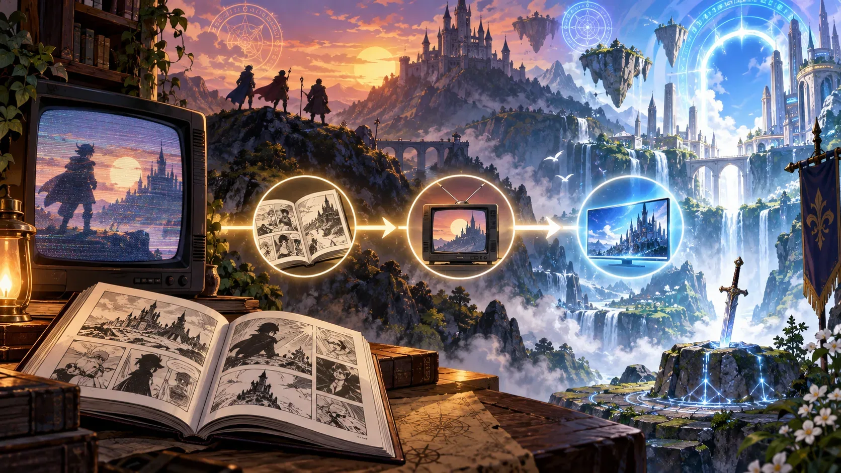 Composição de fantasia mostra um mangá aberto, uma TV de tubo, uma linha temporal luminosa e um reino moderno com portal, representando a passagem do clássico para a nova adaptação.