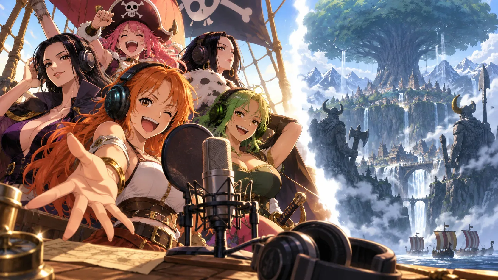 Heroínas piratas reunidas diante de um microfone e fones de estúdio em um navio, com um reino de árvore gigante separado ao fundo.