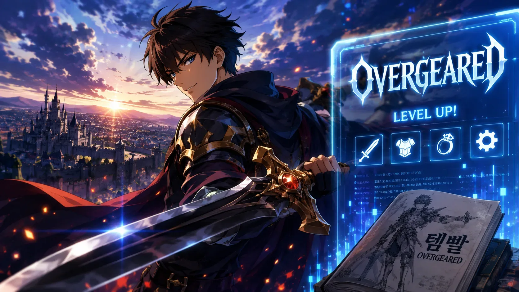 Herói de fantasia em estilo anime empunha uma grande espada diante de uma cidade com castelo, painel azul de jogo e livro de Overgeared.