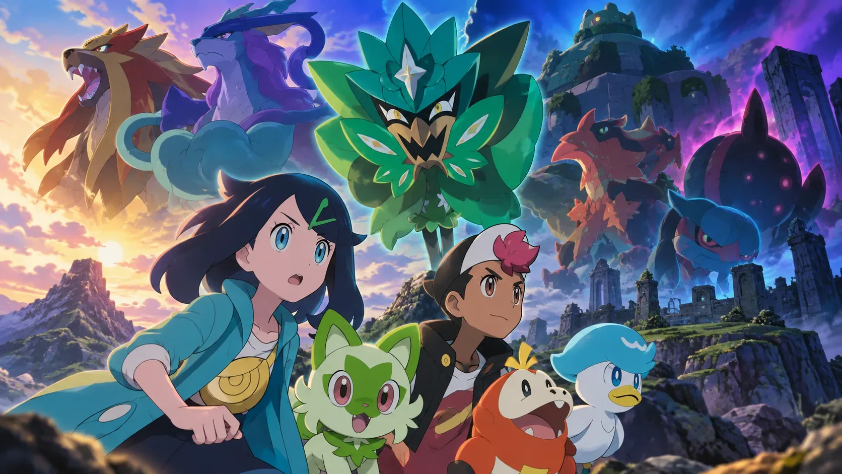 Composição em estilo anime com jovens treinadores e vários Pokémon diante de ruínas, com uma criatura mascarada verde em destaque ao centro e figuras lendárias ao fundo.