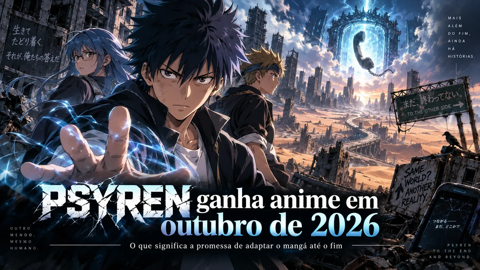 Três personagens em estilo anime diante de uma cidade em ruínas, com energia psíquica azul, um portal luminoso e tipografia anunciando PSYREN em outubro de 2026.