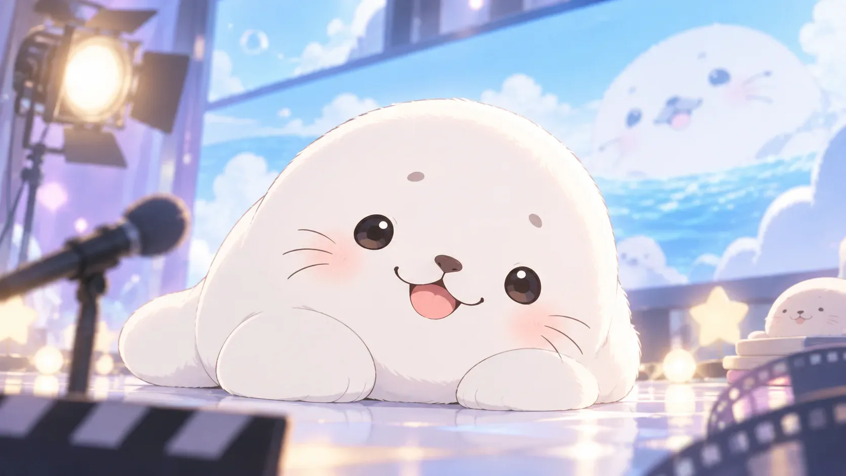 Foca branca fofa em estilo anime em um estúdio iluminado, com microfone, refletor e tela de oceano ao fundo.