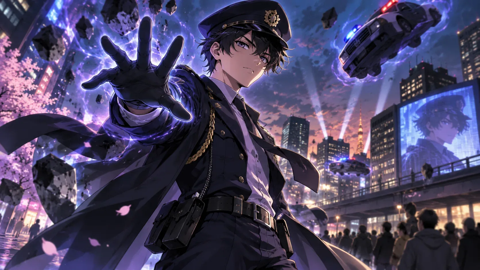 Jovem policial em estilo anime usa poderes psíquicos em uma cidade noturna, com destroços e viaturas suspensos por energia violeta.