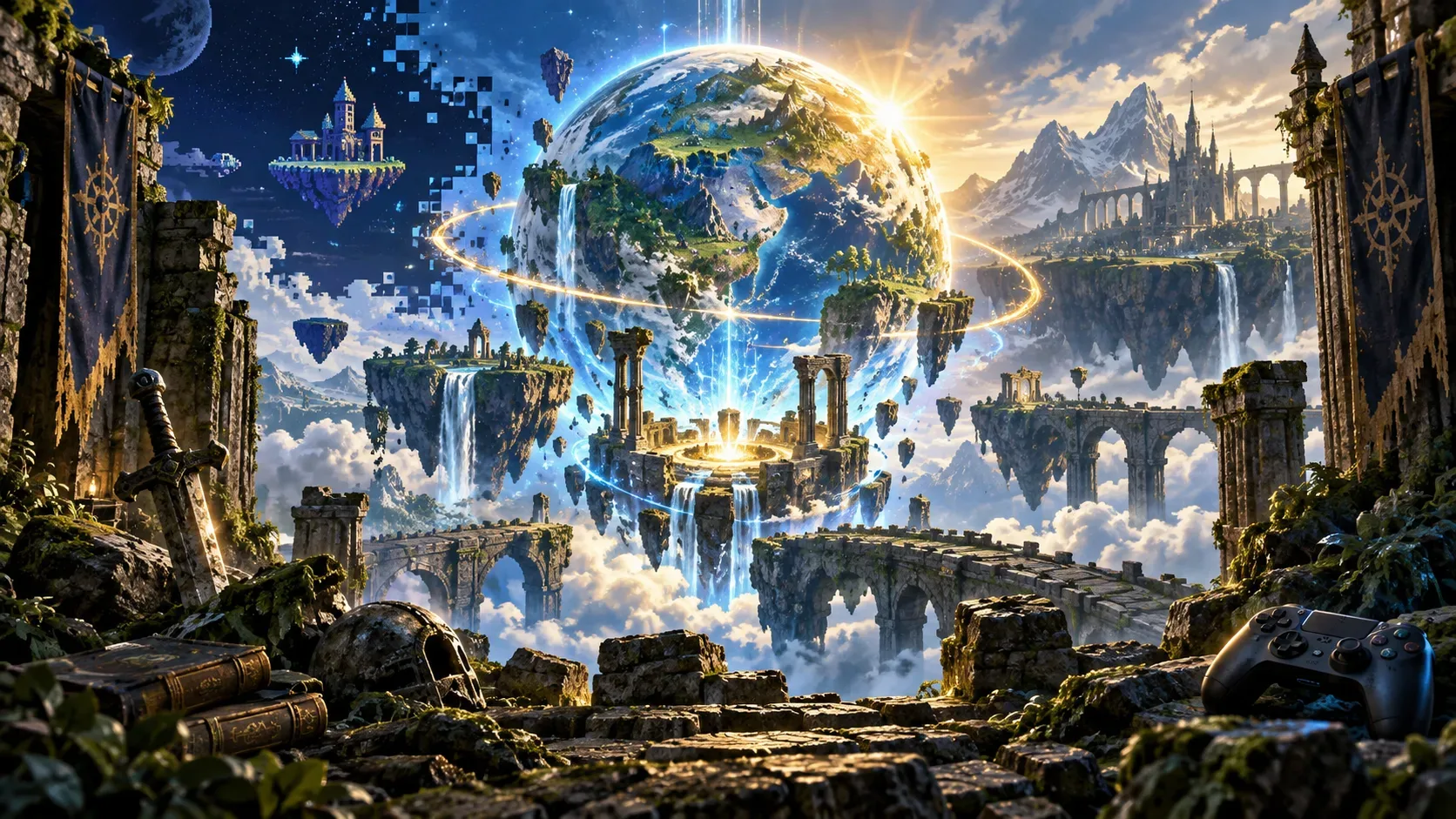 Mundo de fantasia renascendo entre ruínas e ilhas flutuantes, com energia azul e dourada e um controle moderno em primeiro plano.