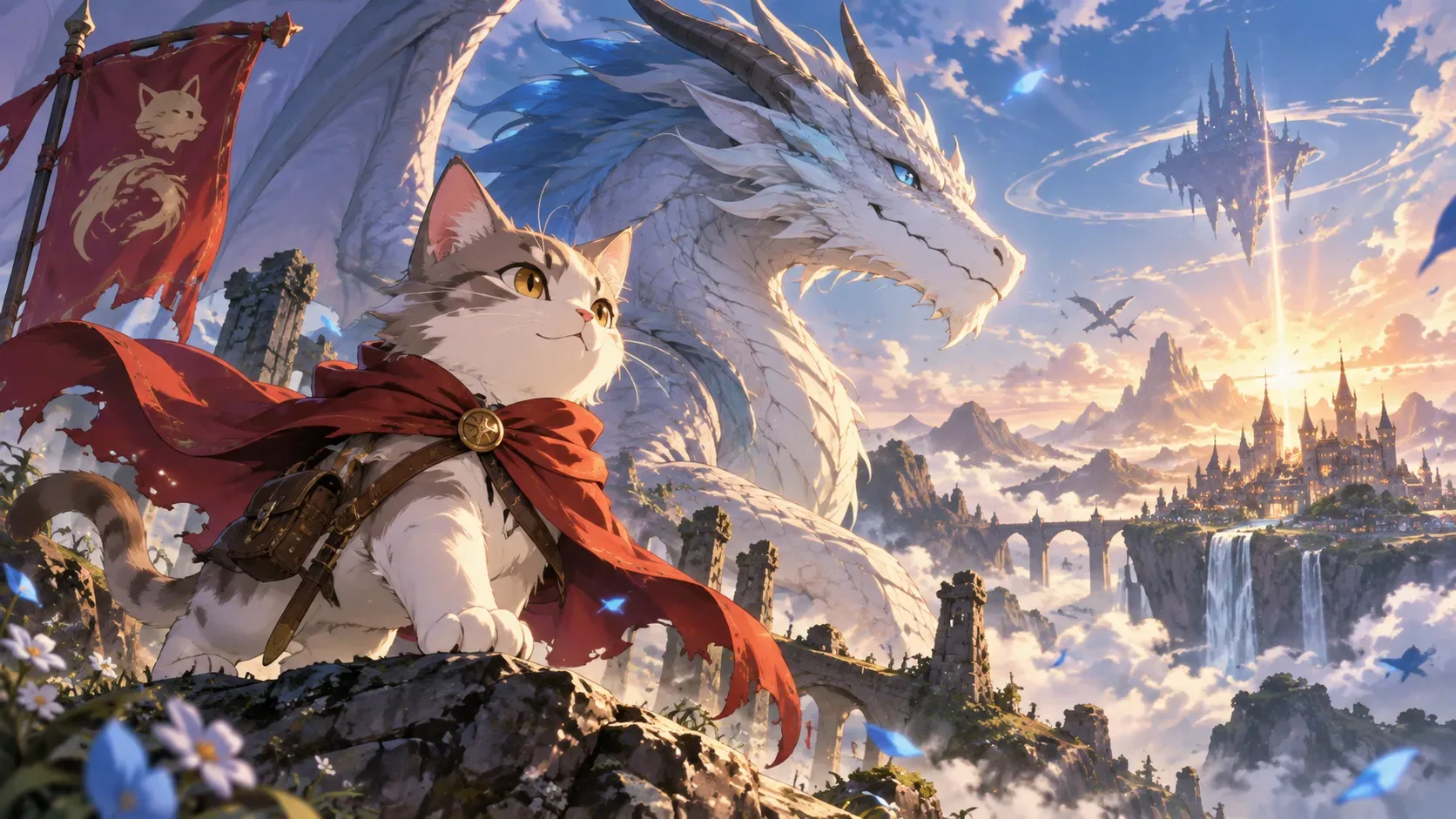 Gato aventureiro de capa vermelha diante de um grande dragão branco em uma paisagem fantástica com castelo entre montanhas e nuvens.