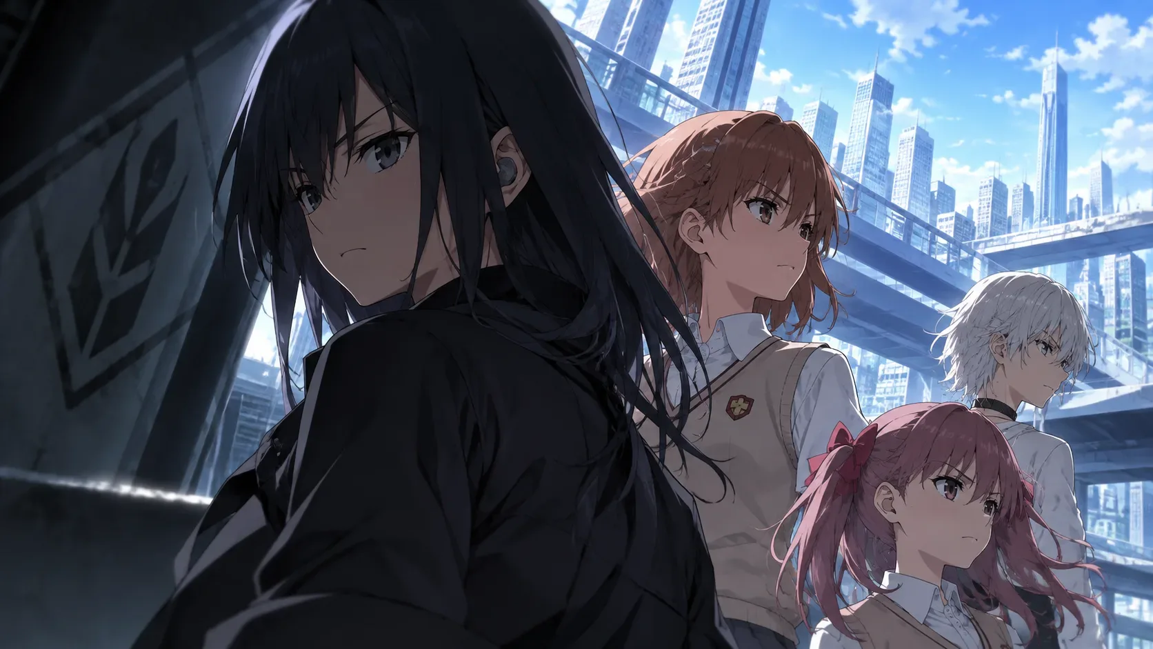 Quatro jovens em estilo anime diante de uma cidade futurista, com uma garota de cabelos escuros em primeiro plano e três companheiras ao fundo.