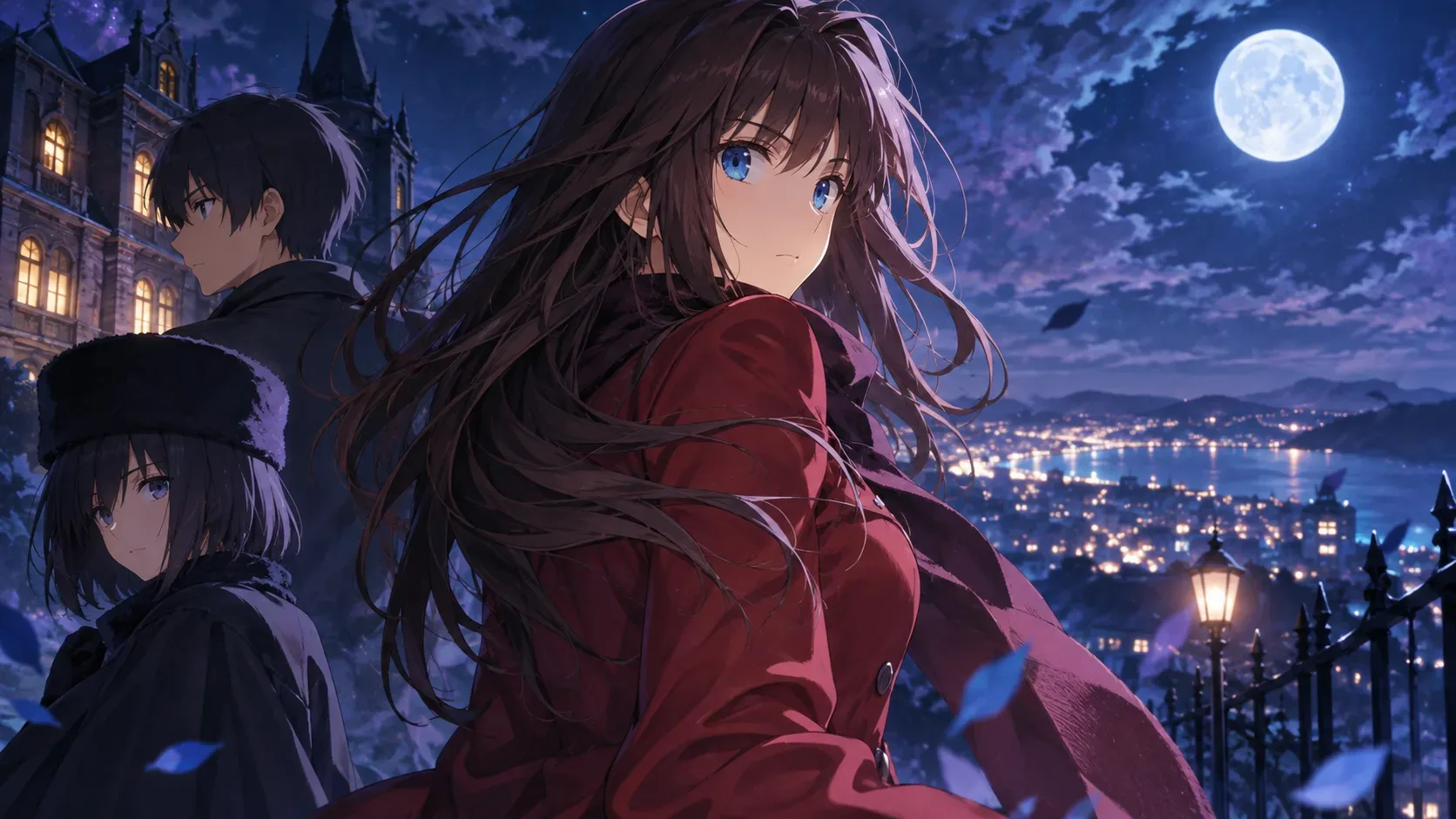 Jovem de casaco vermelho em primeiro plano diante de dois personagens, mansão e cidade iluminada sob a lua em uma cena noturna de anime.