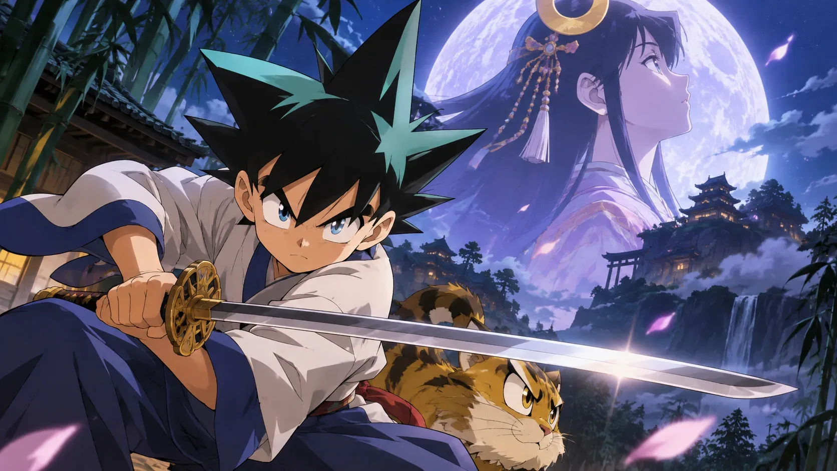 Jovem samurai empunha uma espada ao lado de um tigre, com uma figura feminina diante de uma lua cheia ao fundo.