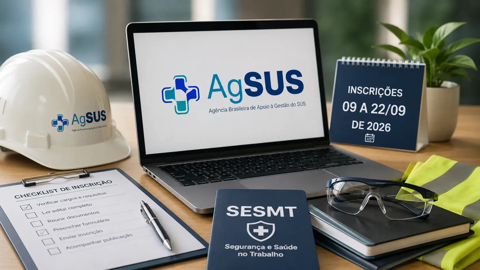 Mesa de trabalho com notebook exibindo a marca AgSUS, capacete, óculos de proteção, colete refletivo, calendário de inscrições e checklist do SESMT.