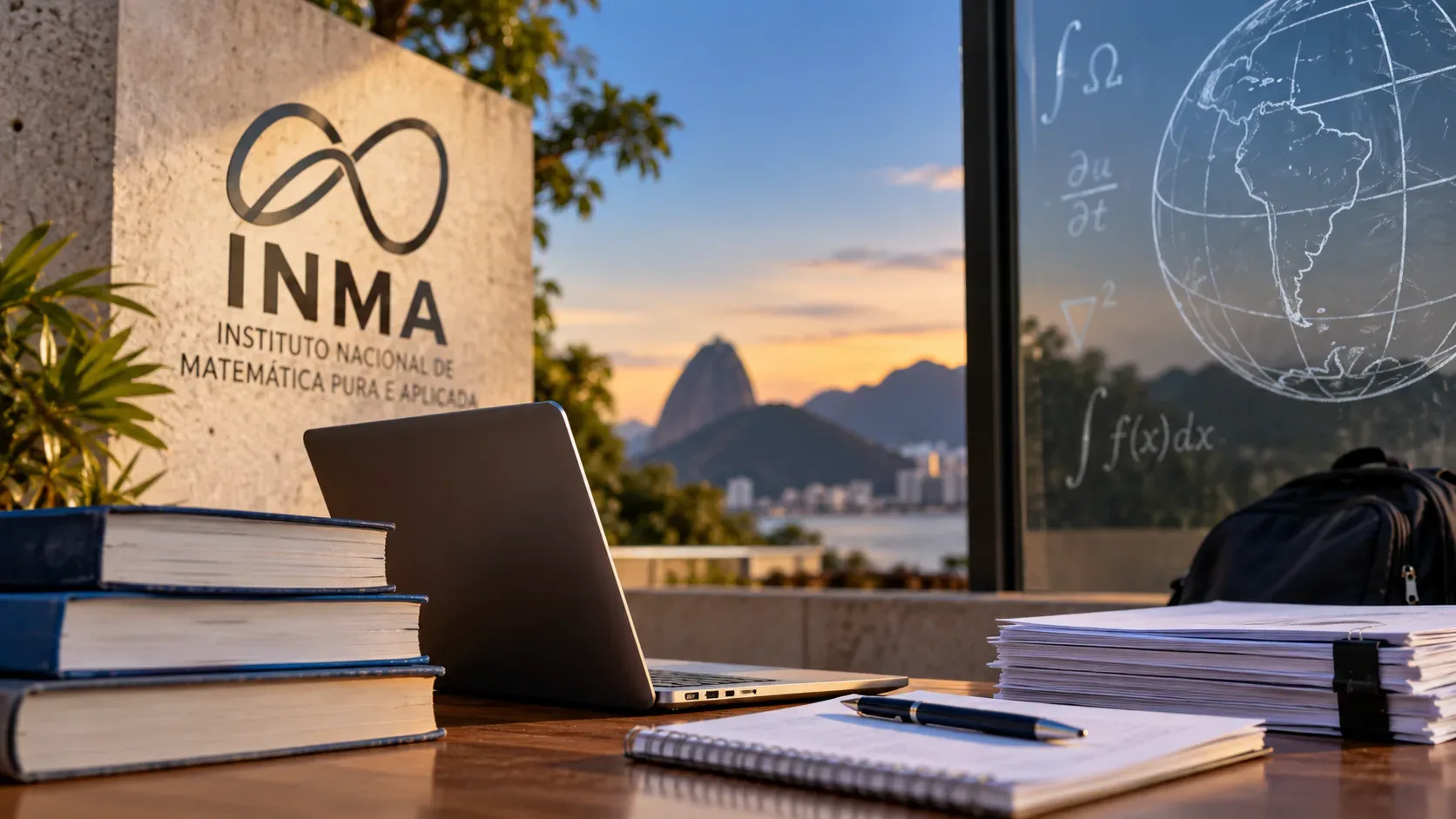 Mesa de estudos com notebook, livros e cadernos diante de uma paisagem urbana do Rio, com placa INMA e fórmulas matemáticas em um painel de vidro.
