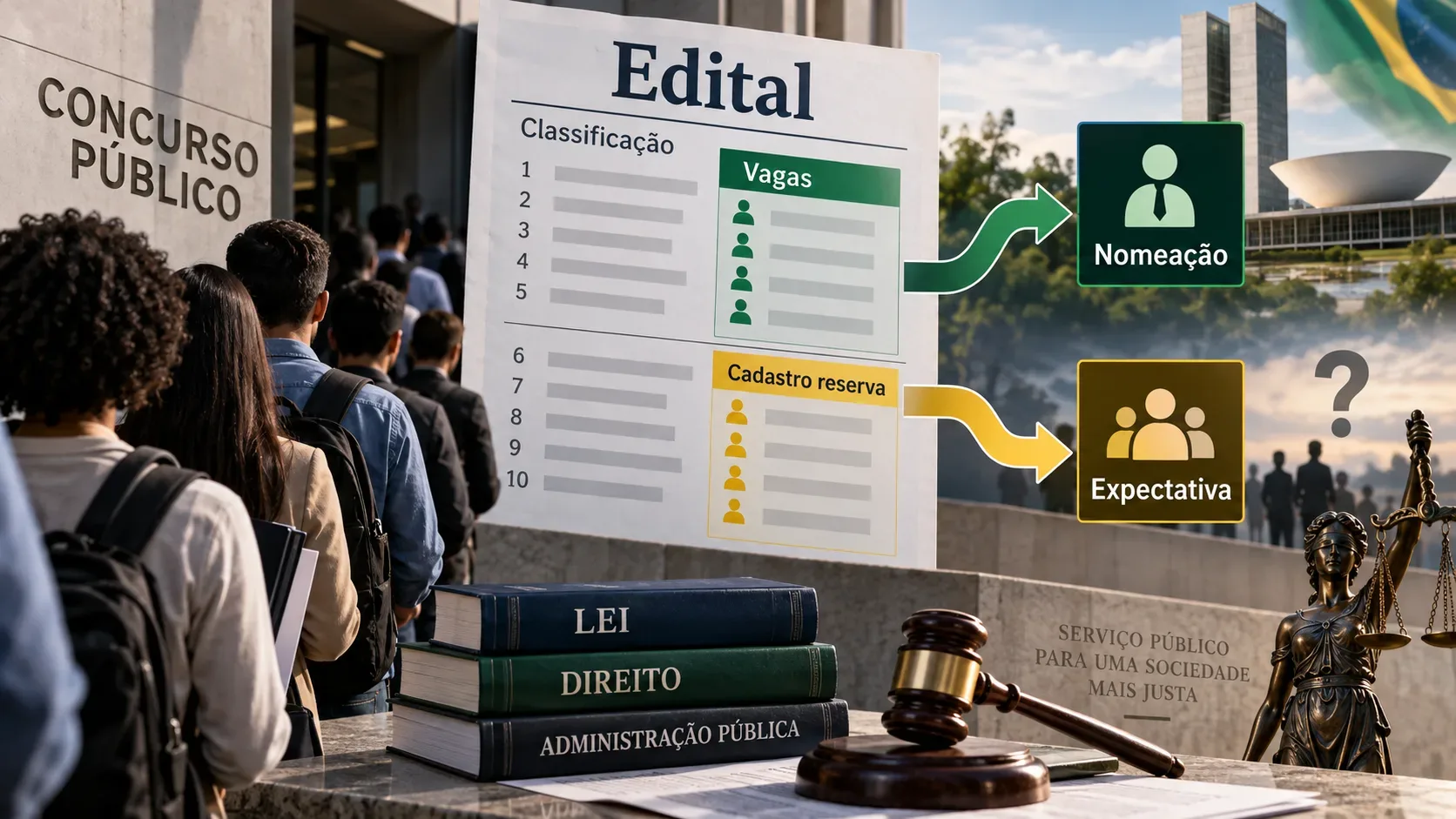 Fila de candidatos diante de um painel de edital com vagas e cadastro reserva, setas para nomeação e expectativa, livros jurídicos, martelo e símbolos de Justiça.