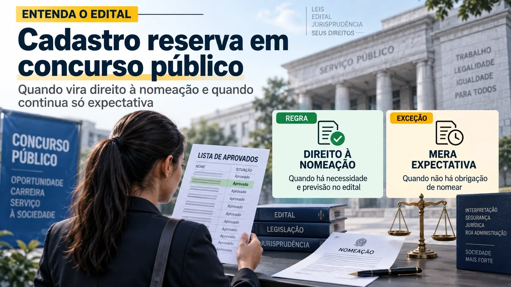 Candidata consulta lista de aprovados diante de prédio público, com documentos de nomeação e elementos visuais de regra e exceção.