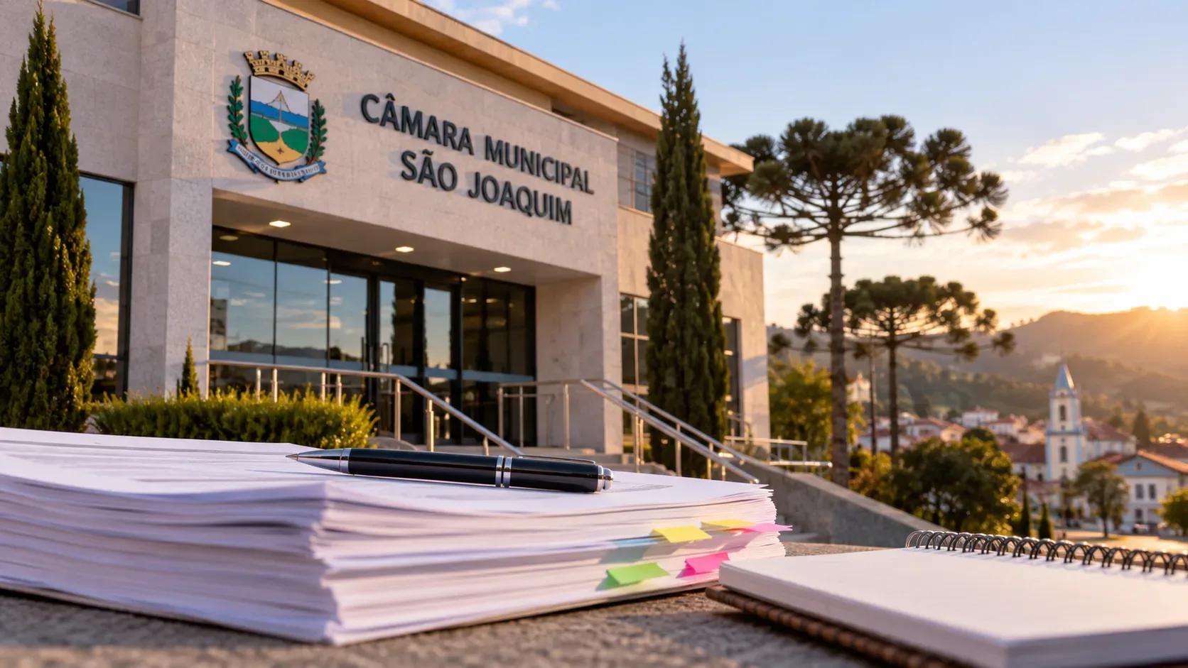 Prédio da Câmara Municipal de São Joaquim ao entardecer, com pilha de documentos, caneta e caderno em primeiro plano.
