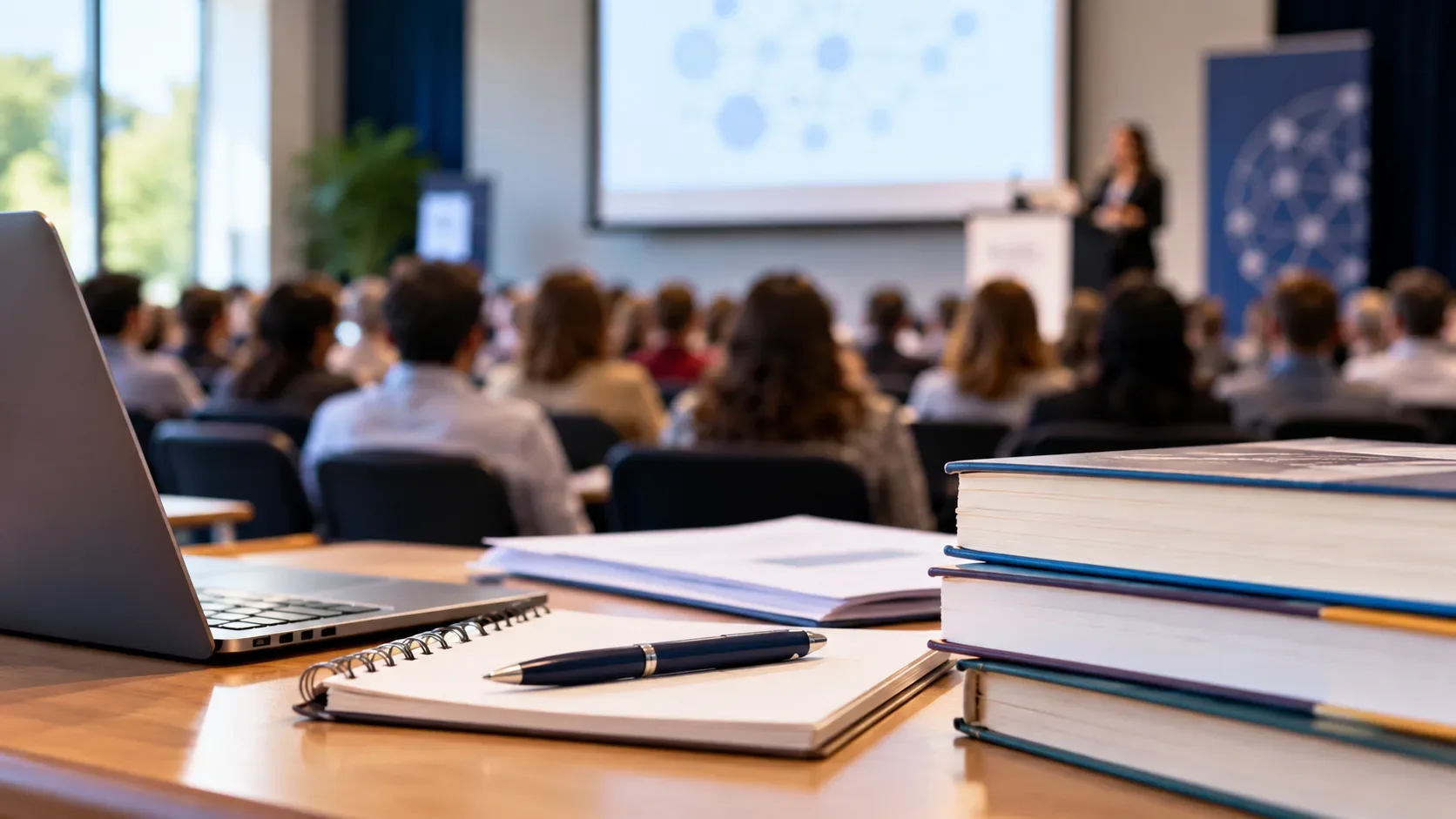Caderno, laptop e livros em primeiro plano de auditório com participantes e apresentação de evento científico.