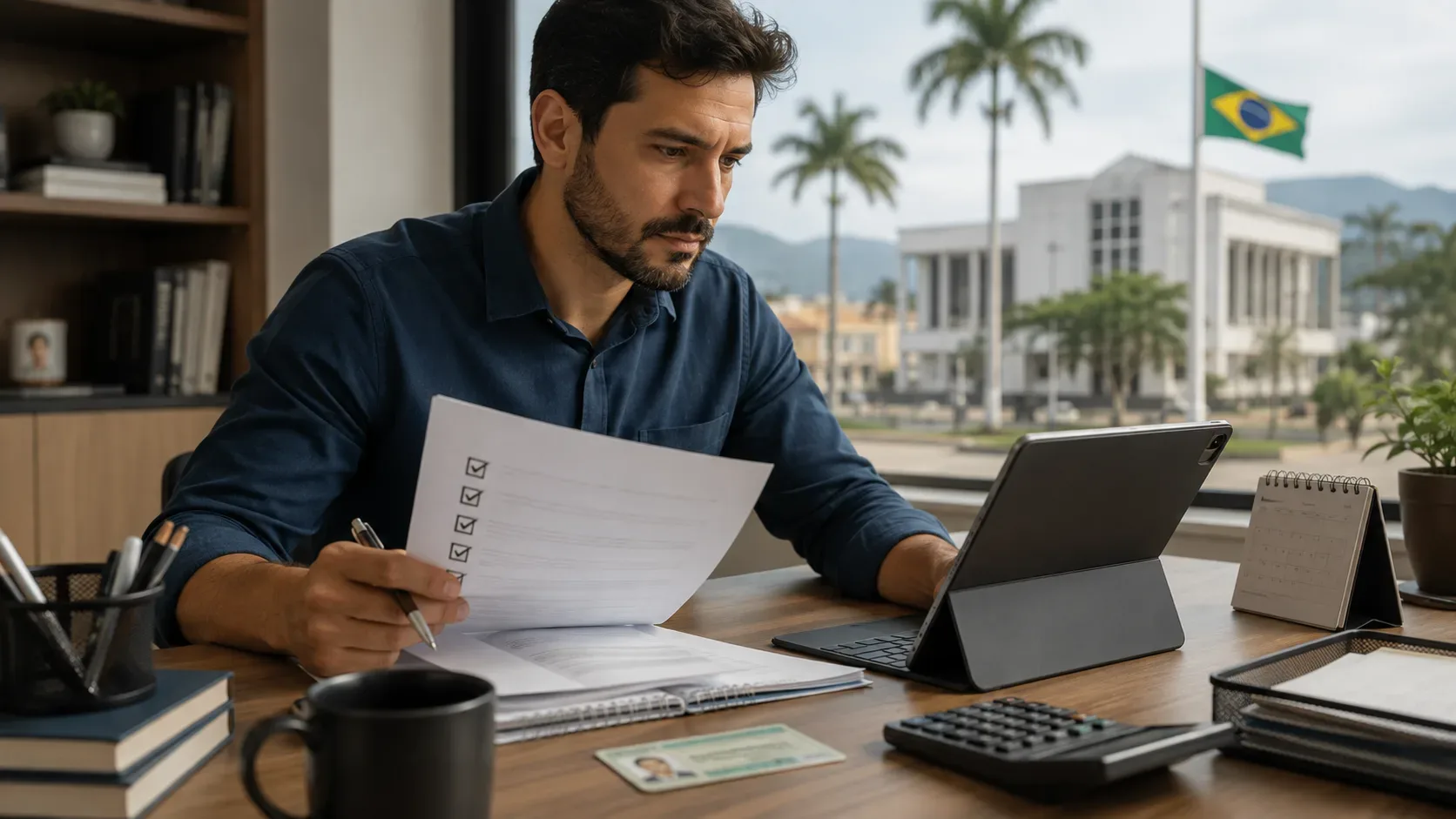 Candidato concentrado revisa documentos de inscrição ao lado de um tablet, calculadora e calendário, com prédio cívico e bandeira do Brasil ao fundo.