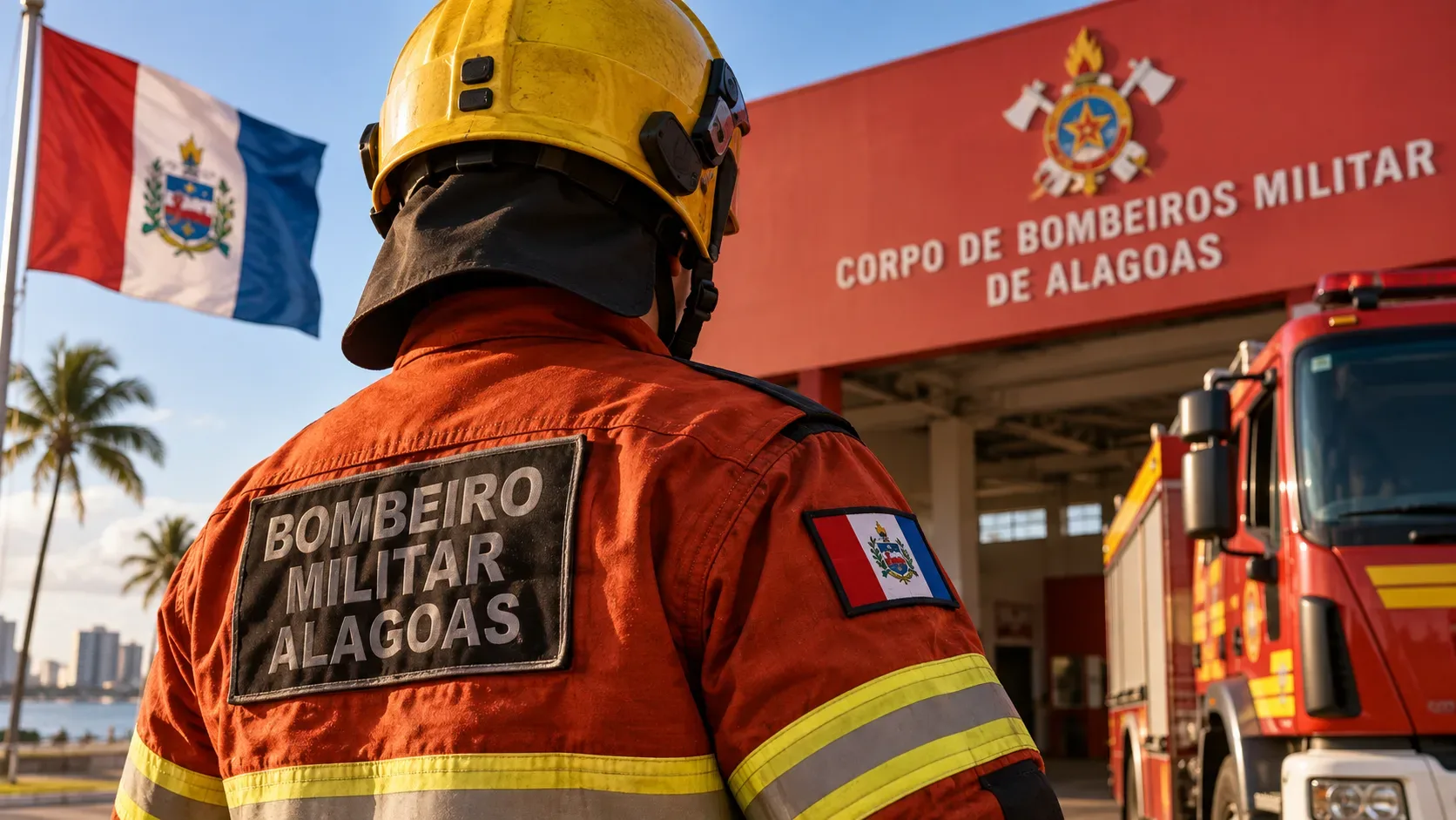 Bombeiro militar de costas diante de um quartel vermelho do Corpo de Bombeiros de Alagoas, com viatura de emergência, capacete amarelo, palmeiras e bandeira estadual ao fundo.
