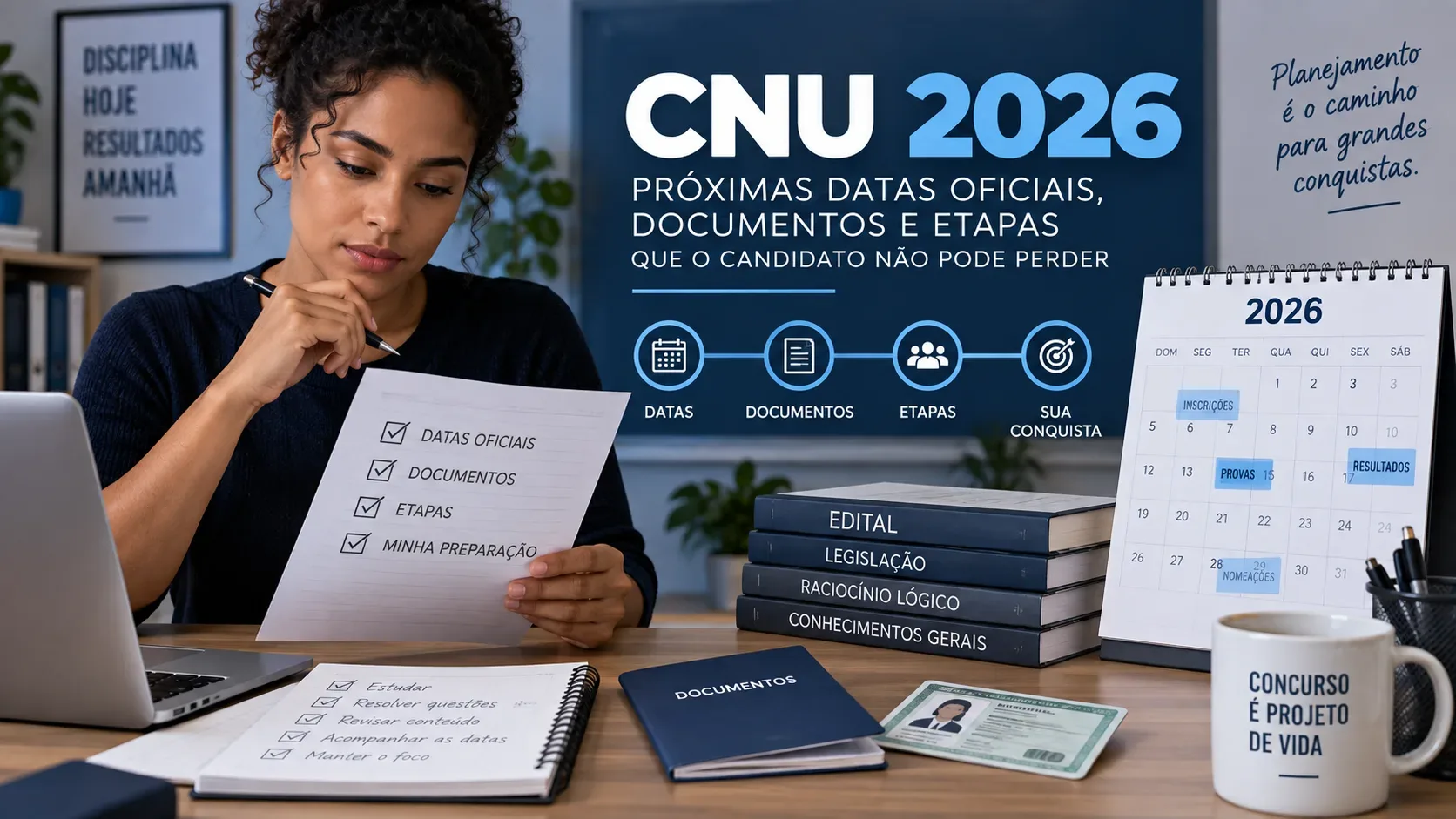 Candidata estudando em uma mesa com calendário de 2026, checklist, documentos e materiais de concurso organizados ao redor.