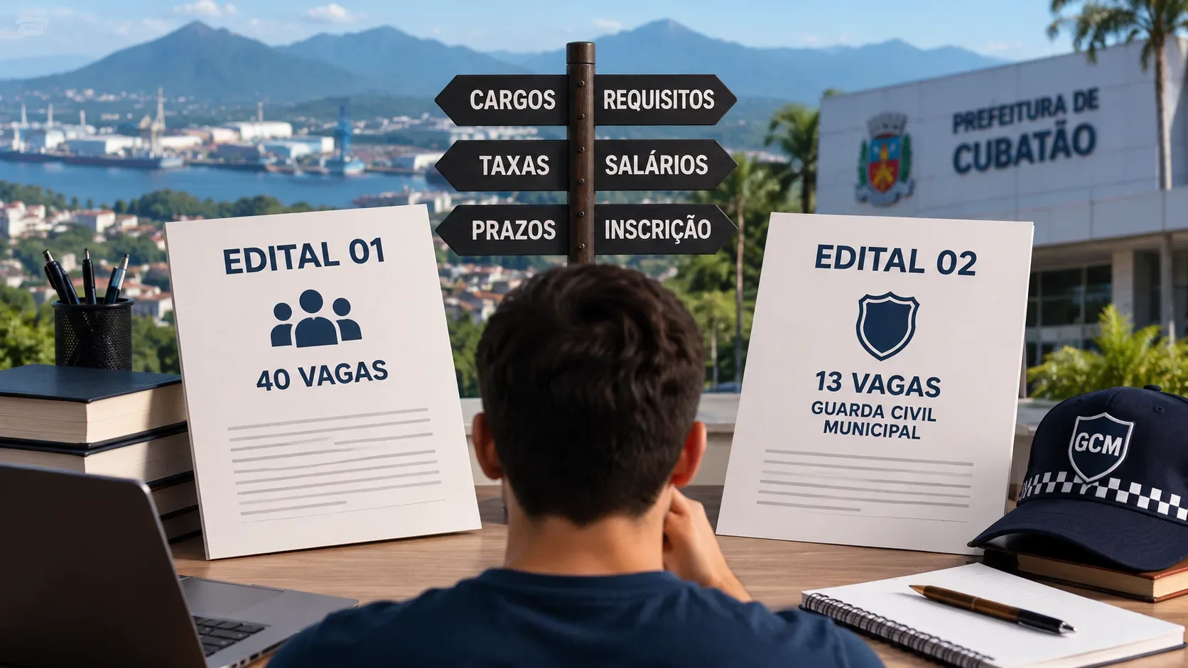 Candidato compara dois editais do concurso de Cubatão, com documentos identificados como Edital 01 e Edital 02 diante de cenário urbano e da sede municipal.