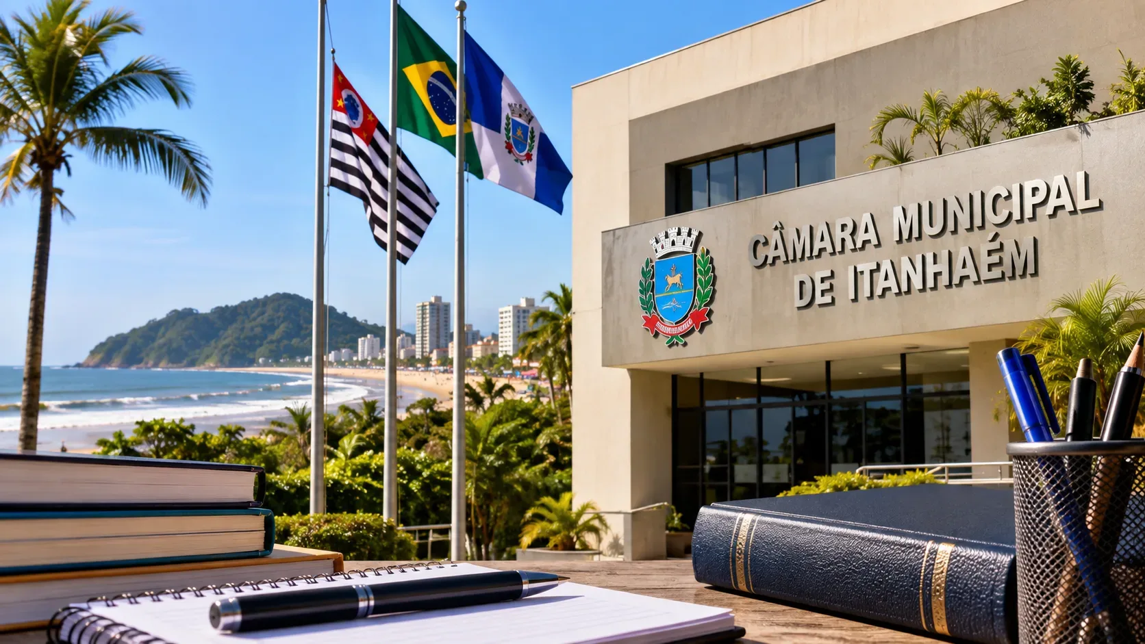 Mesa com livros e caderno diante de prédio identificado como Câmara Municipal de Itanhaém, com bandeiras e litoral ao fundo.