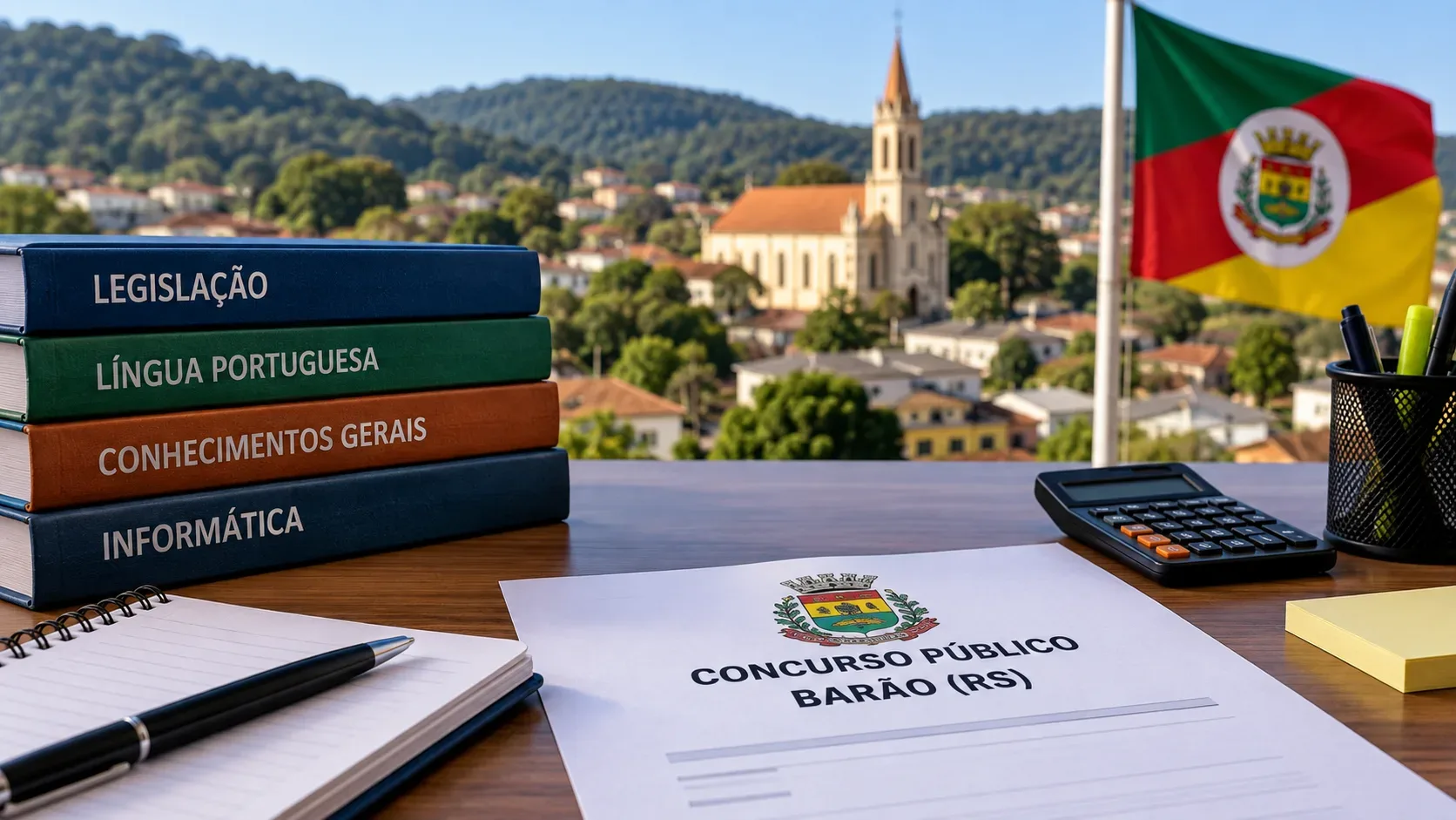 Mesa de estudo com livros, caderno, calculadora e formulário de concurso, com paisagem urbana e igreja de Barão ao fundo.