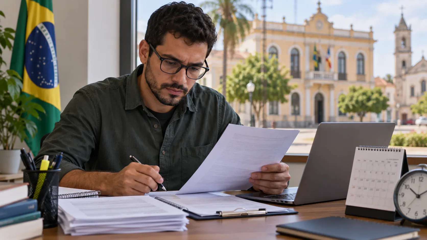 Candidato revisa documentos de concurso em uma mesa com laptop, calendário e relógio, com bandeira do Brasil e prédio público ao fundo.