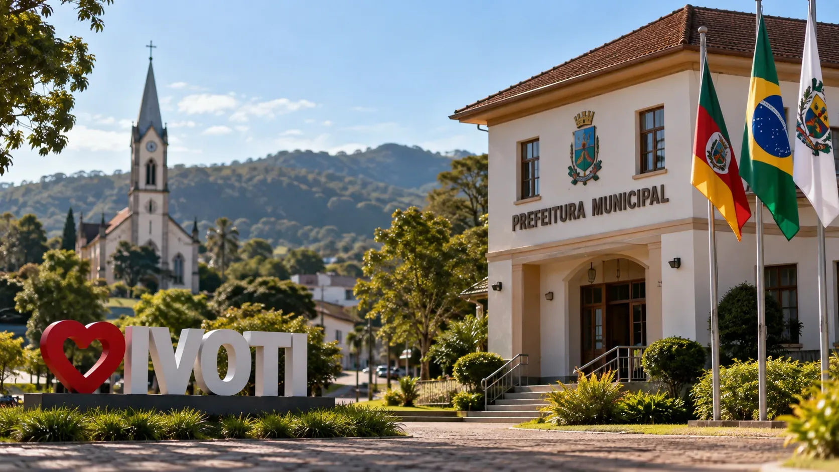 Fachada da Prefeitura de Ivoti ao lado do letreiro IVOTI, com bandeiras, igreja e morros ao fundo em um dia ensolarado.