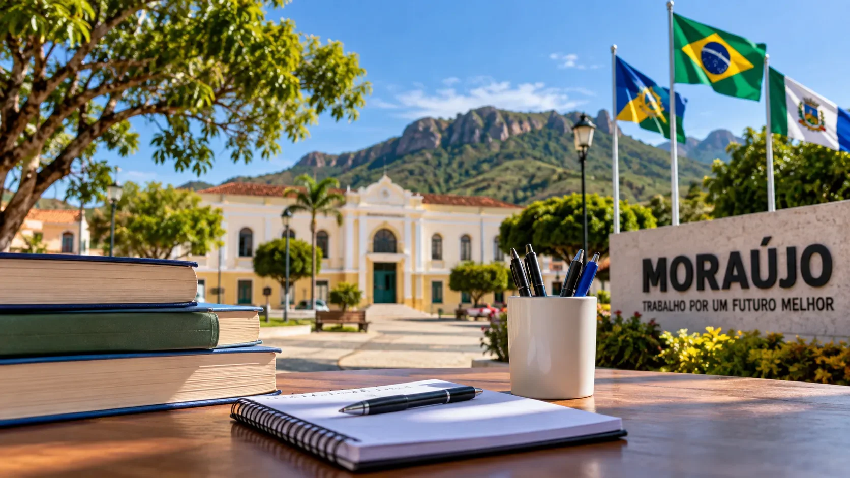 Livros e caderno de estudos sobre uma mesa diante de prédio público, bandeiras e placa com o nome Moraújo.