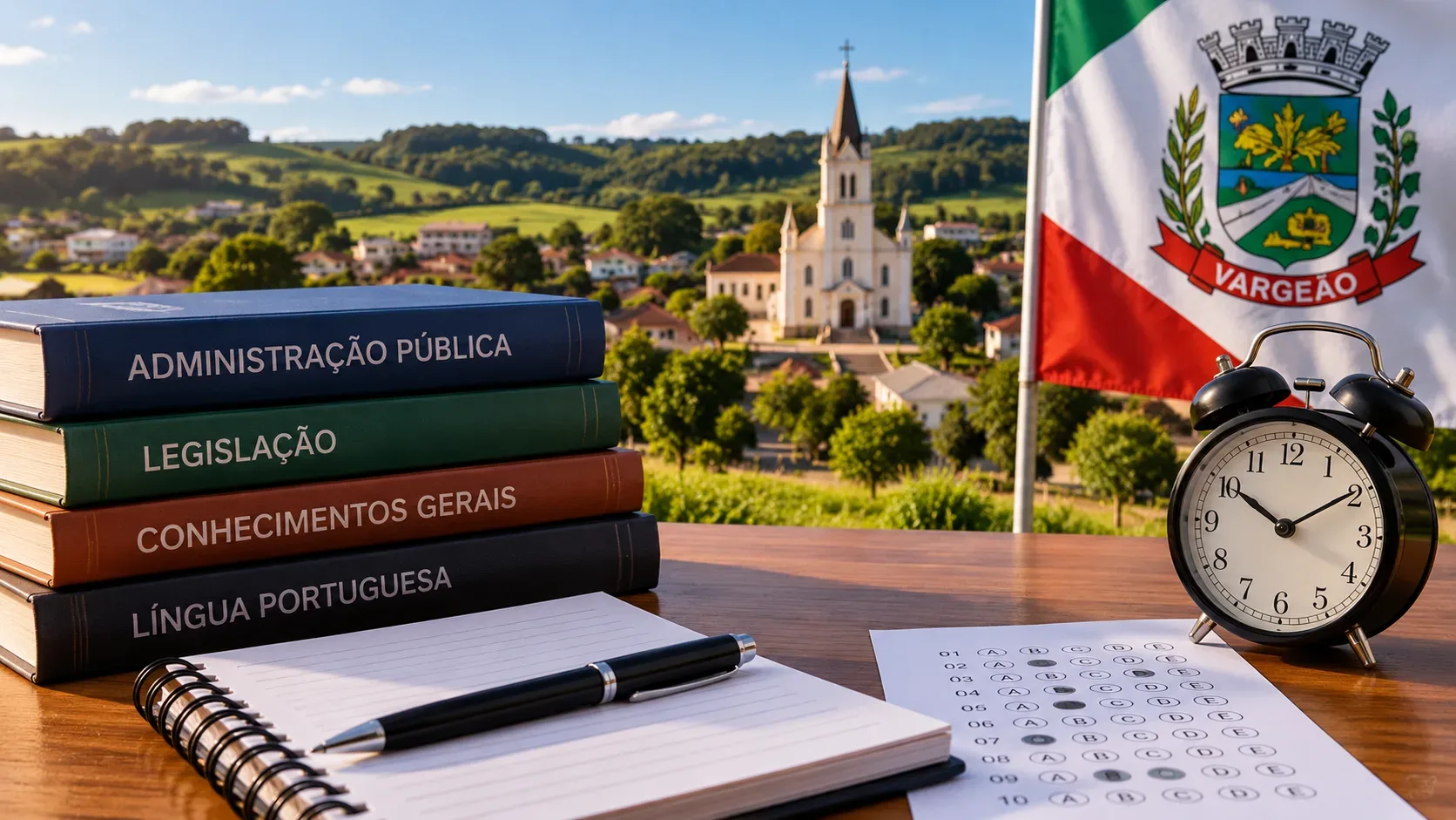 Mesa de estudos com livros, caderno, cartão de respostas e relógio diante de uma paisagem de Vargeão e da bandeira municipal.