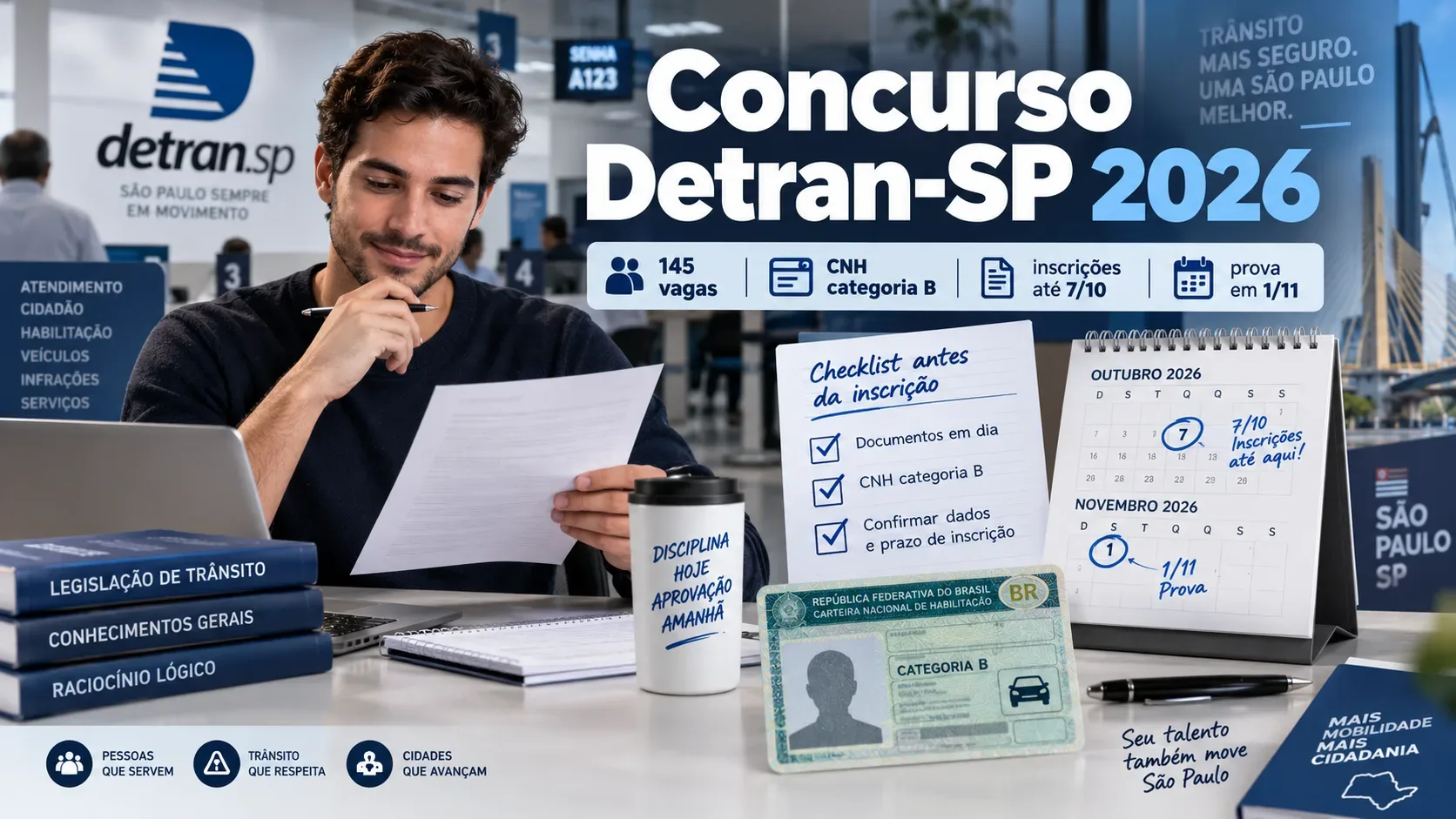 Candidato analisa documentos diante de notebook, checklist, calendário e representação de CNH categoria B em ambiente visual ligado ao Detran-SP.