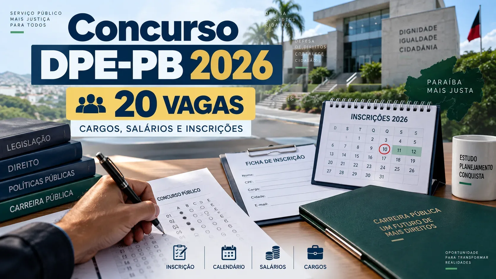 Mesa de estudos com gabarito, formulário de inscrição, calendário e elementos gráficos sobre o concurso DPE-PB 2026 e suas 20 vagas.