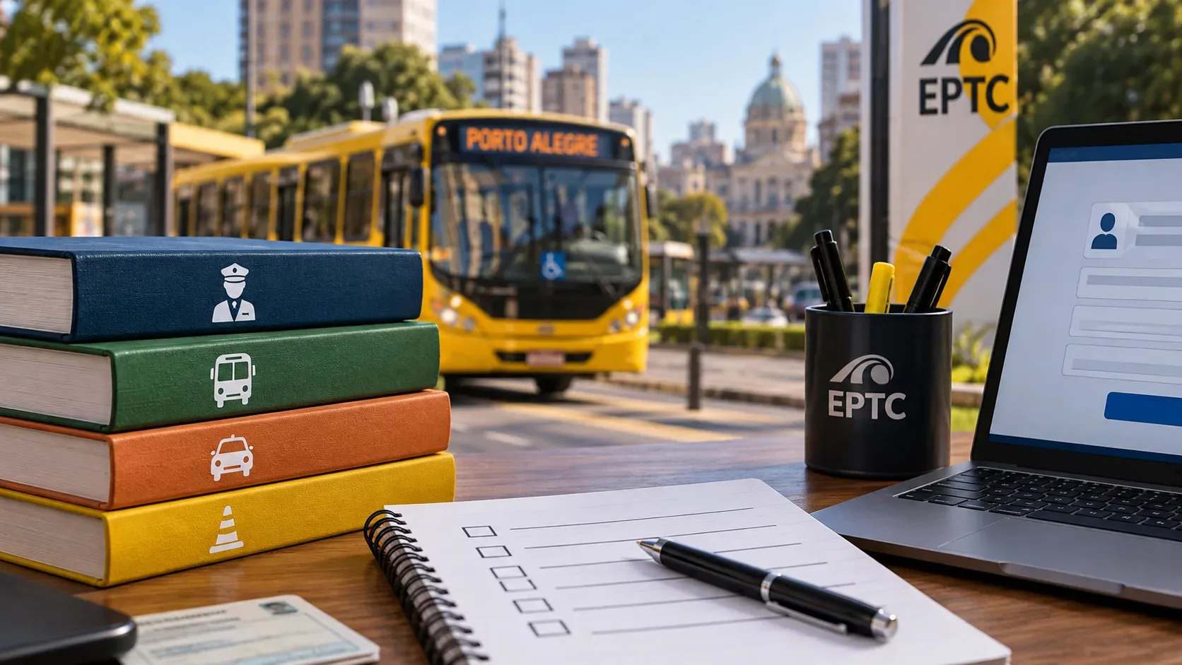 Mesa de estudo com livros, checklist e notebook, com ônibus urbano amarelo de Porto Alegre ao fundo.
