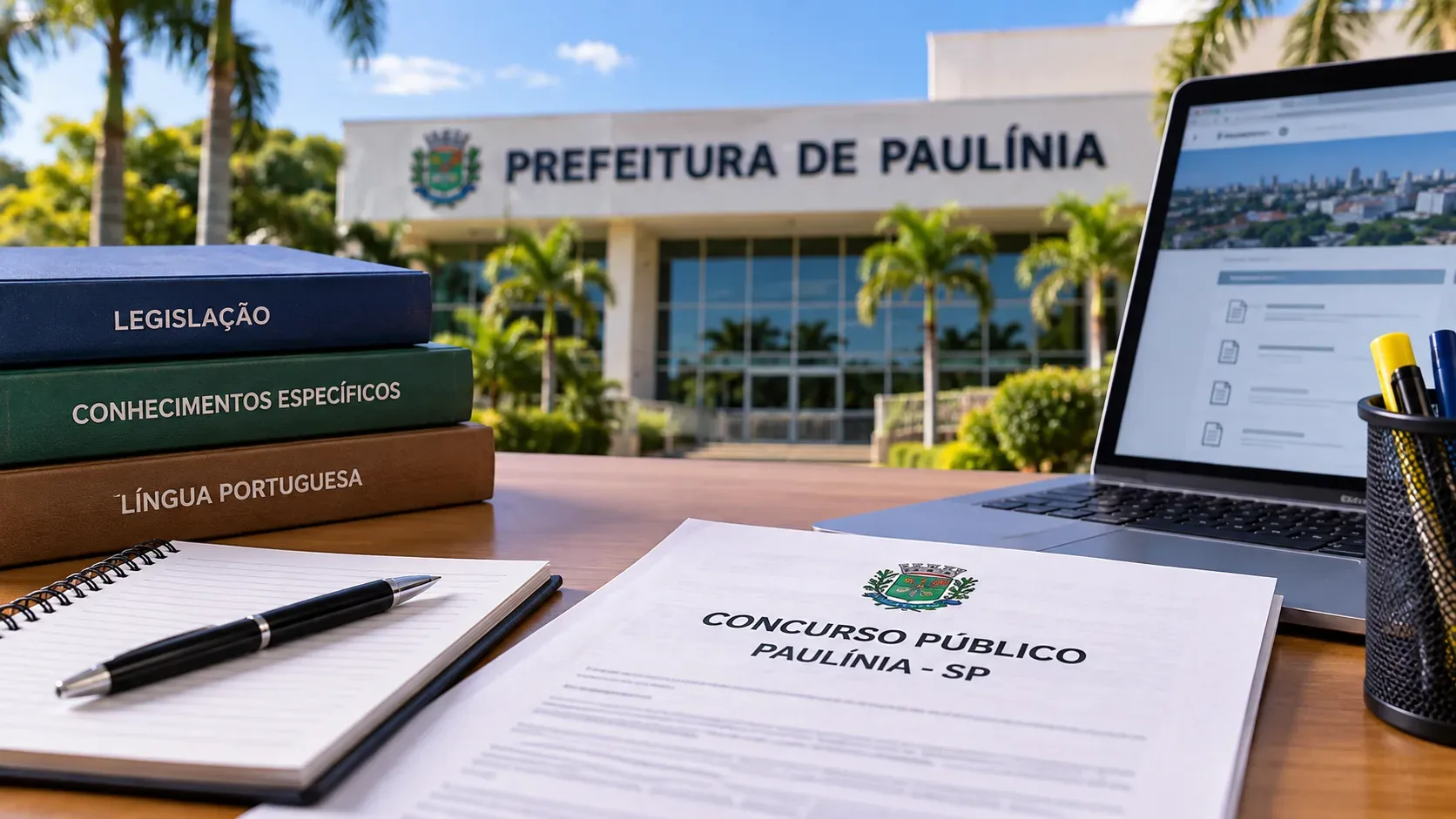 Mesa com edital de concurso, caderno, livros de estudo e notebook diante do prédio da Prefeitura de Paulínia.