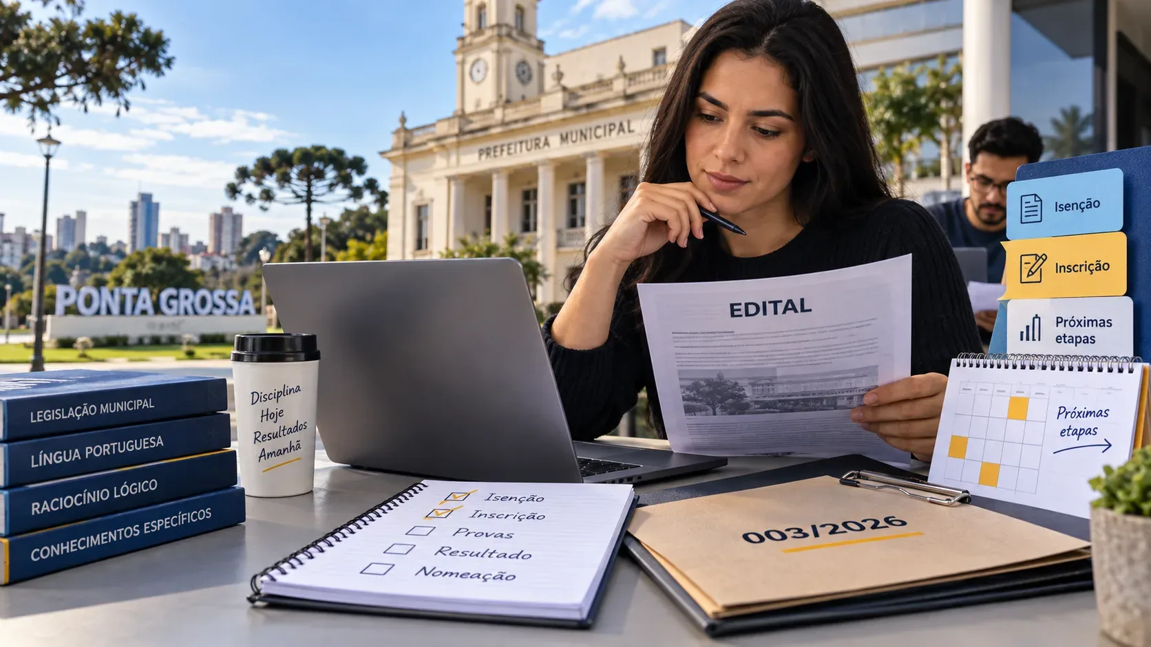Candidata consulta um edital do concurso municipal em mesa com laptop, checklist de isenção e inscrição e referências visuais a Ponta Grossa ao fundo.