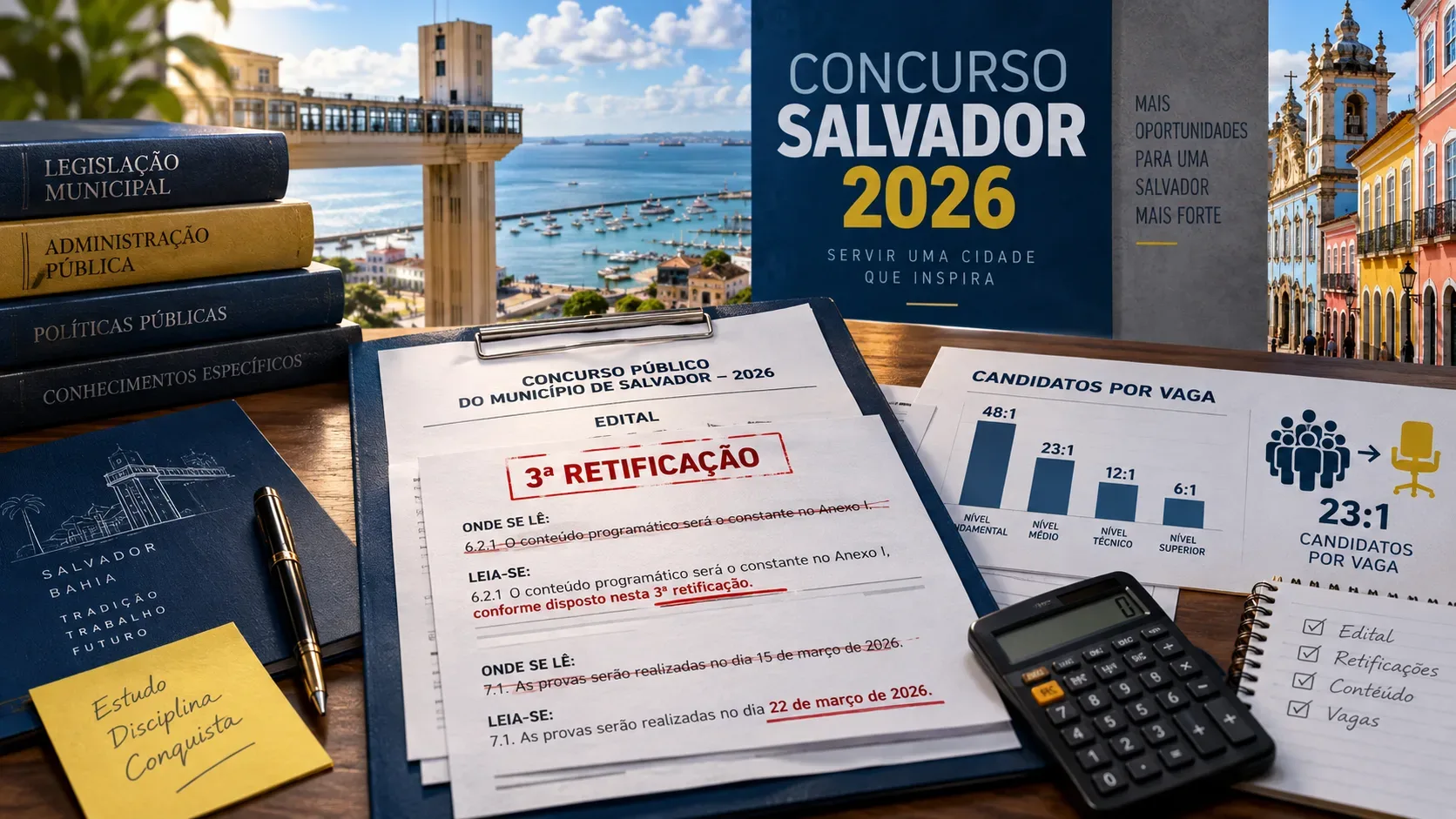 Mesa com edital retificado do Concurso Salvador 2026, gráfico de candidatos por vaga, calculadora e referências visuais de Salvador ao fundo.