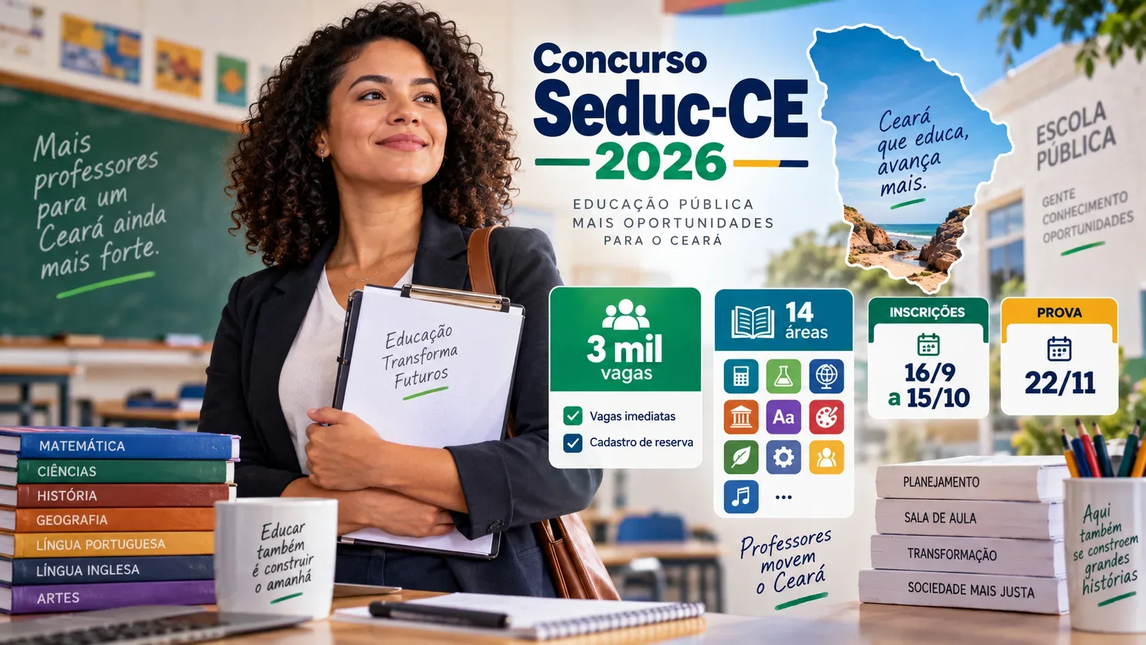 Professora segurando prancheta em sala de aula, com livros, mapa do Ceará e cartões informativos sobre vagas, áreas e datas do concurso.