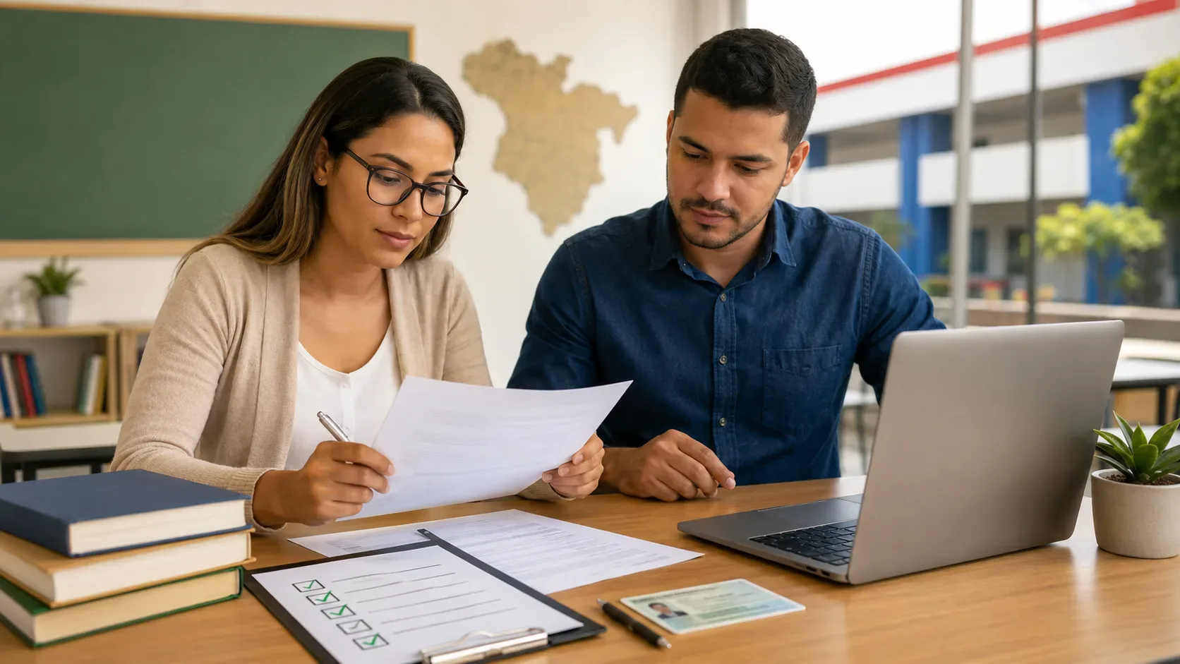 Dois candidatos revisam documentos e um checklist sobre uma mesa com notebook e livros, em ambiente escolar.