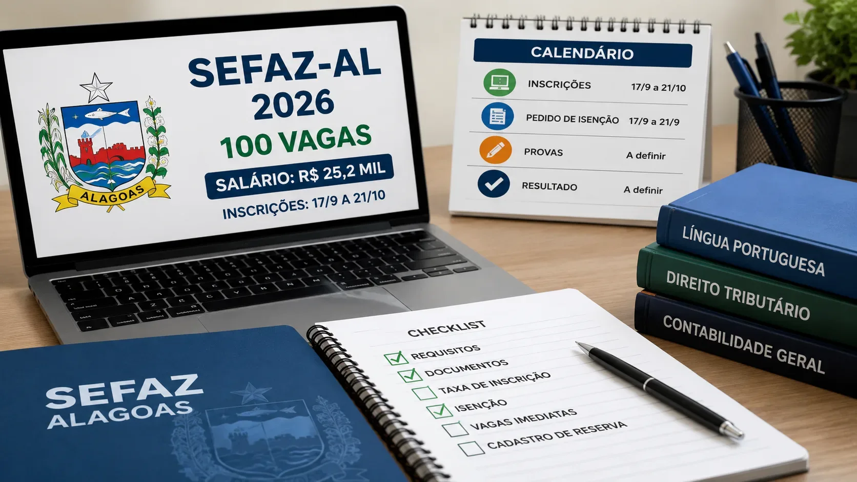 Mesa de estudo com notebook exibindo chamada do SEFAZ-AL 2026, calendário de inscrições, livros de português, direito tributário e contabilidade e um checklist de inscrição.
