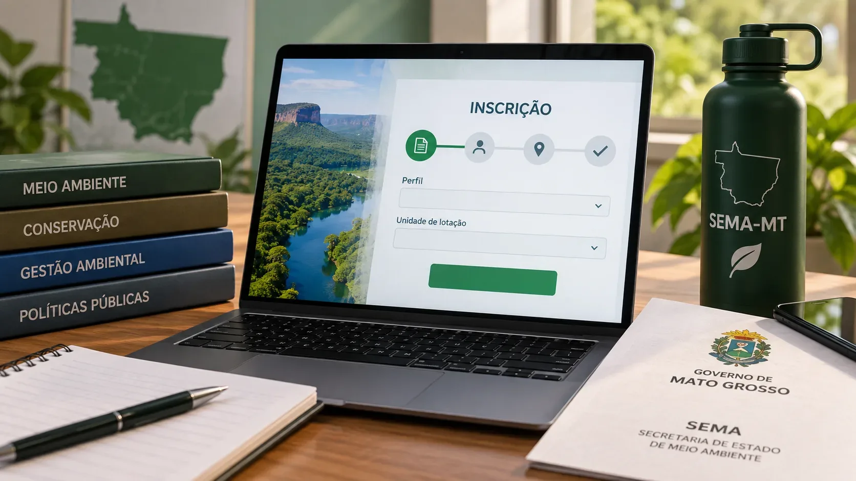 Mesa de trabalho com notebook exibindo formulário de inscrição, livros sobre meio ambiente, mapa de Mato Grosso e elementos ligados à SEMA-MT.