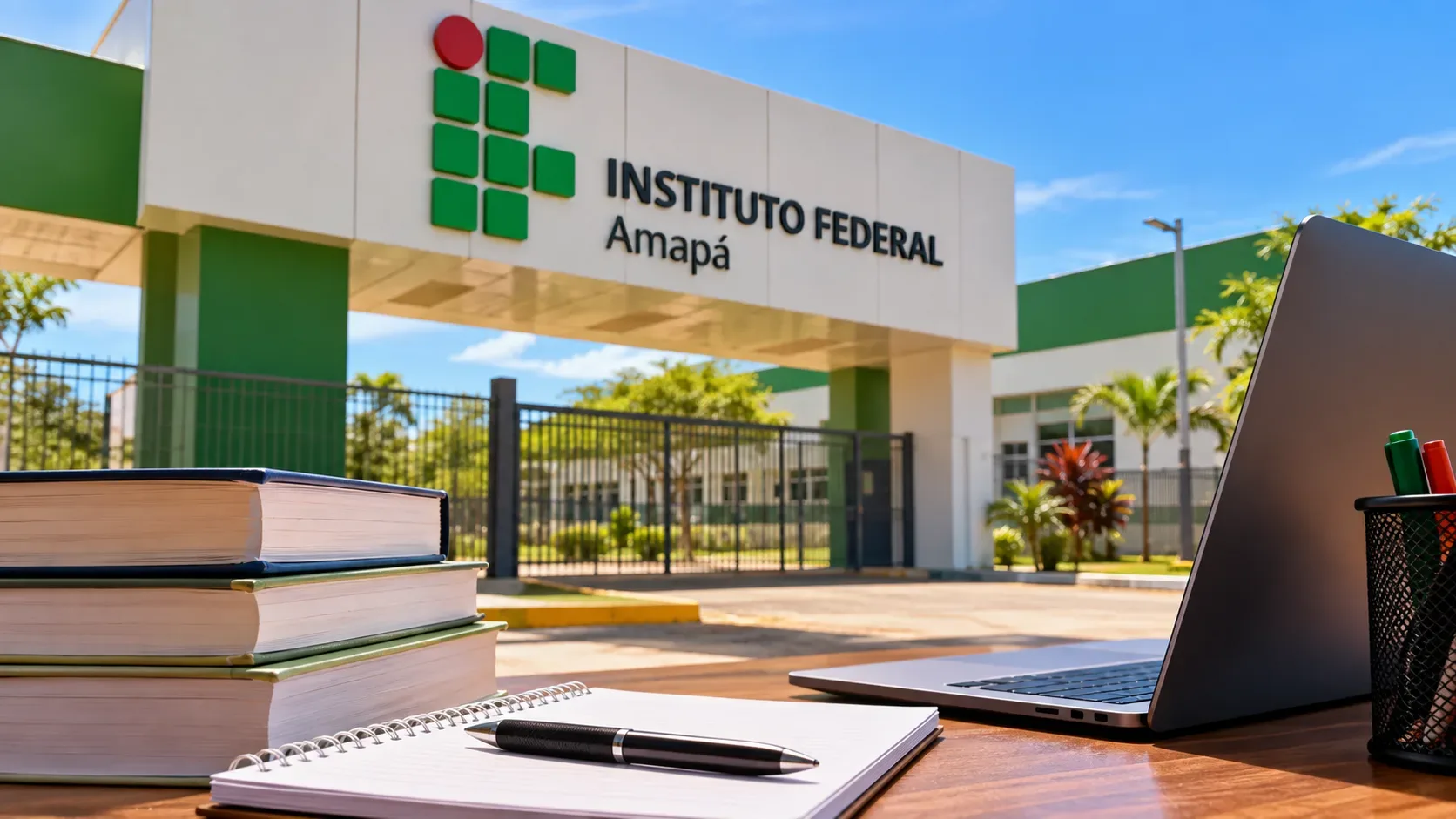 Mesa com livros, caderno, caneta e notebook diante da entrada de um campus do Instituto Federal do Amapá.