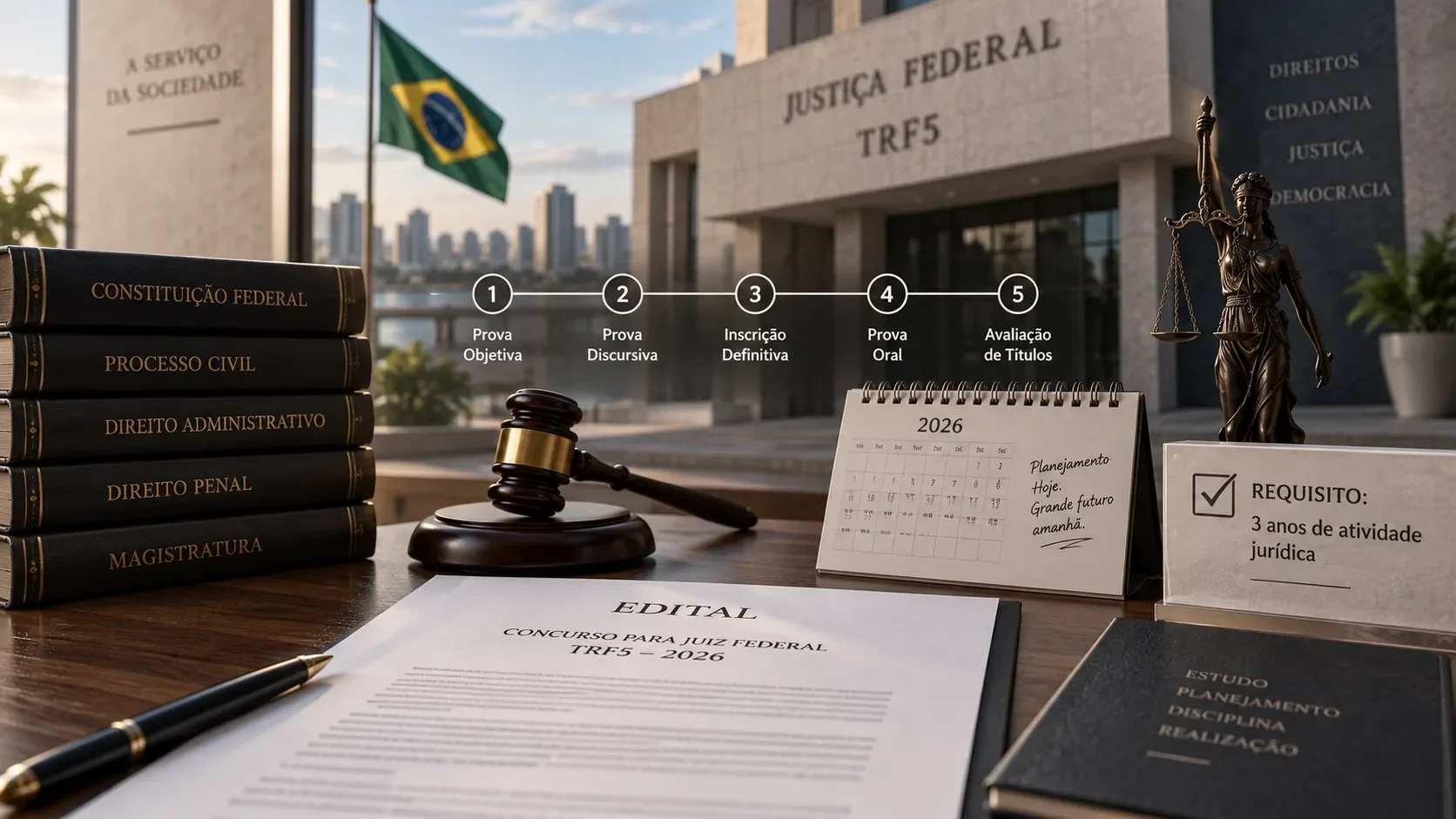 Mesa com livros jurídicos, martelo, edital, calendário de 2026 e estátua da Justiça diante de uma fachada identificada como Justiça Federal TRF5, com cinco etapas destacadas.