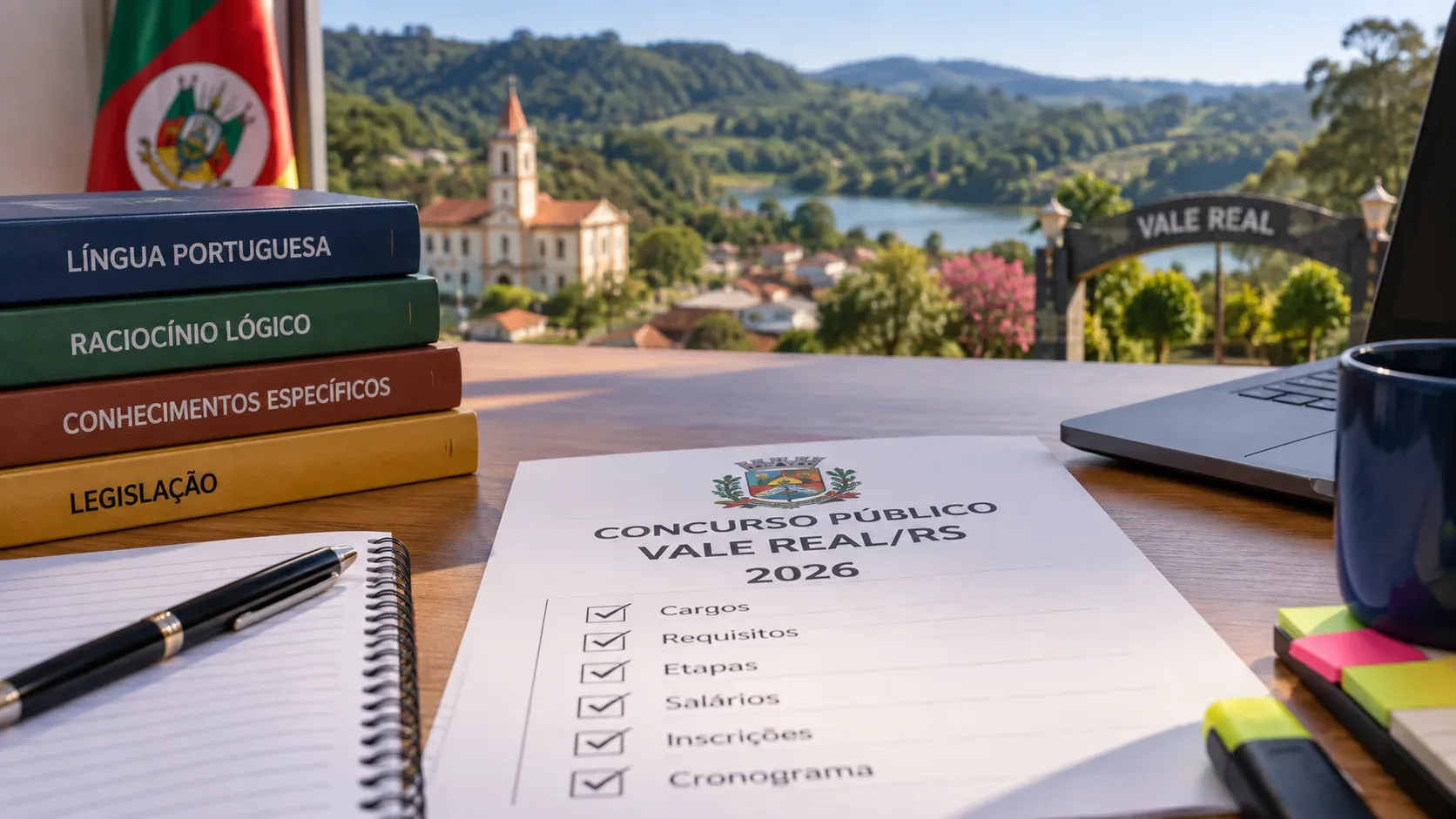 Mesa de estudos para concurso com livros, caderno, notebook e paisagem de Vale Real ao fundo.